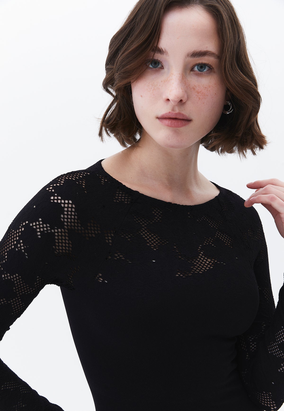 Jacquard Boat Neck Bodycon T-Shirt Long Sleeve - BLACK