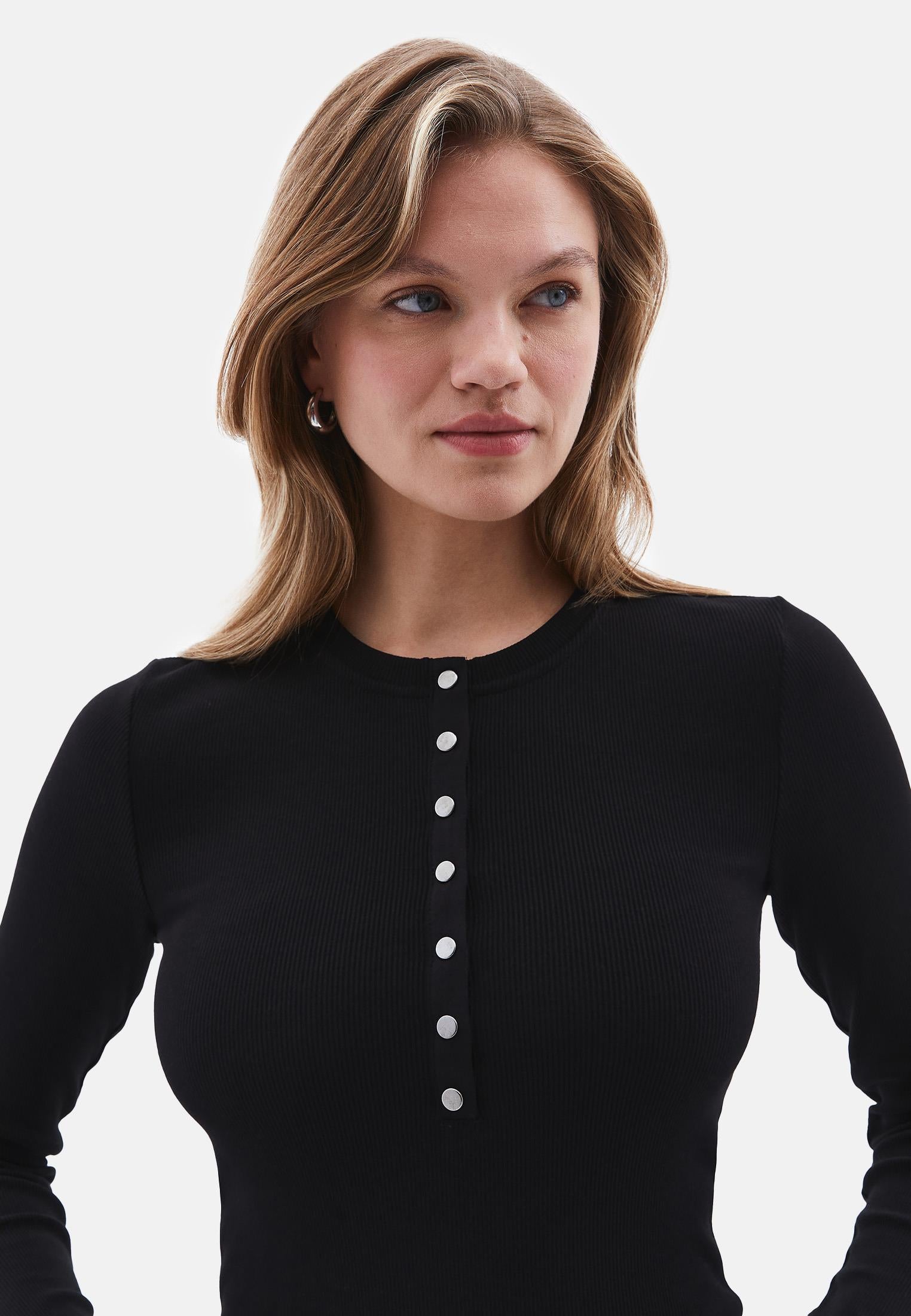 Ribbed Fabric Long Sleeve T-Shirt Crew Neck - BLACK
