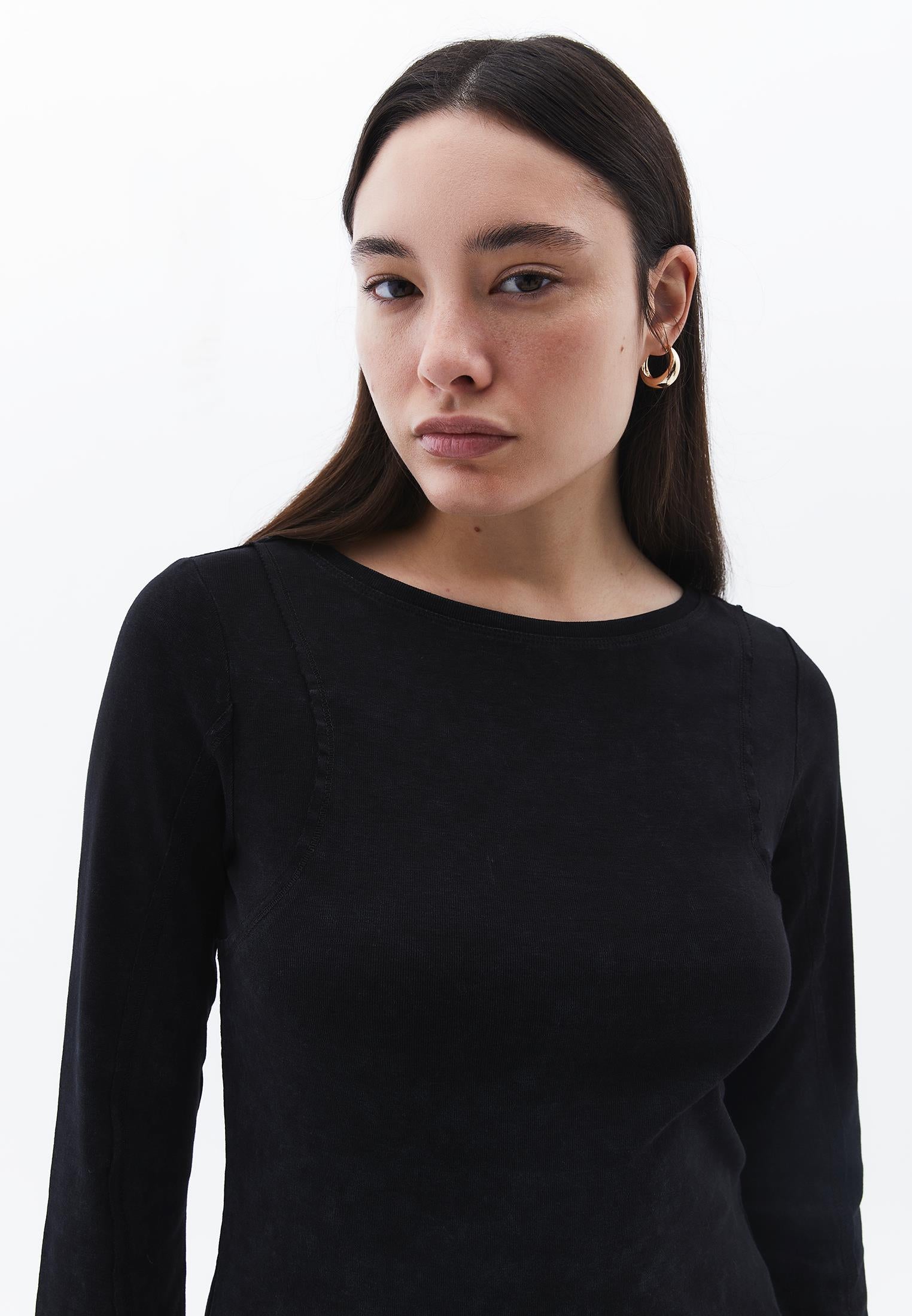 Boat Neck Long Sleeve Flared Sleeve T-Shirt - BLACK