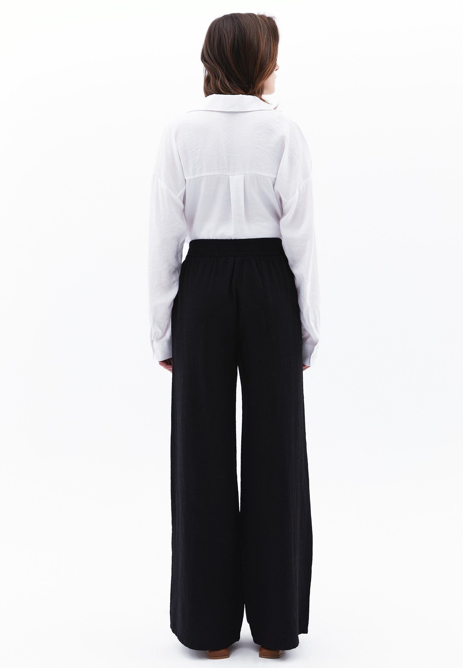 High Waist Wide Leg Elastic Waist Pants - BLACK