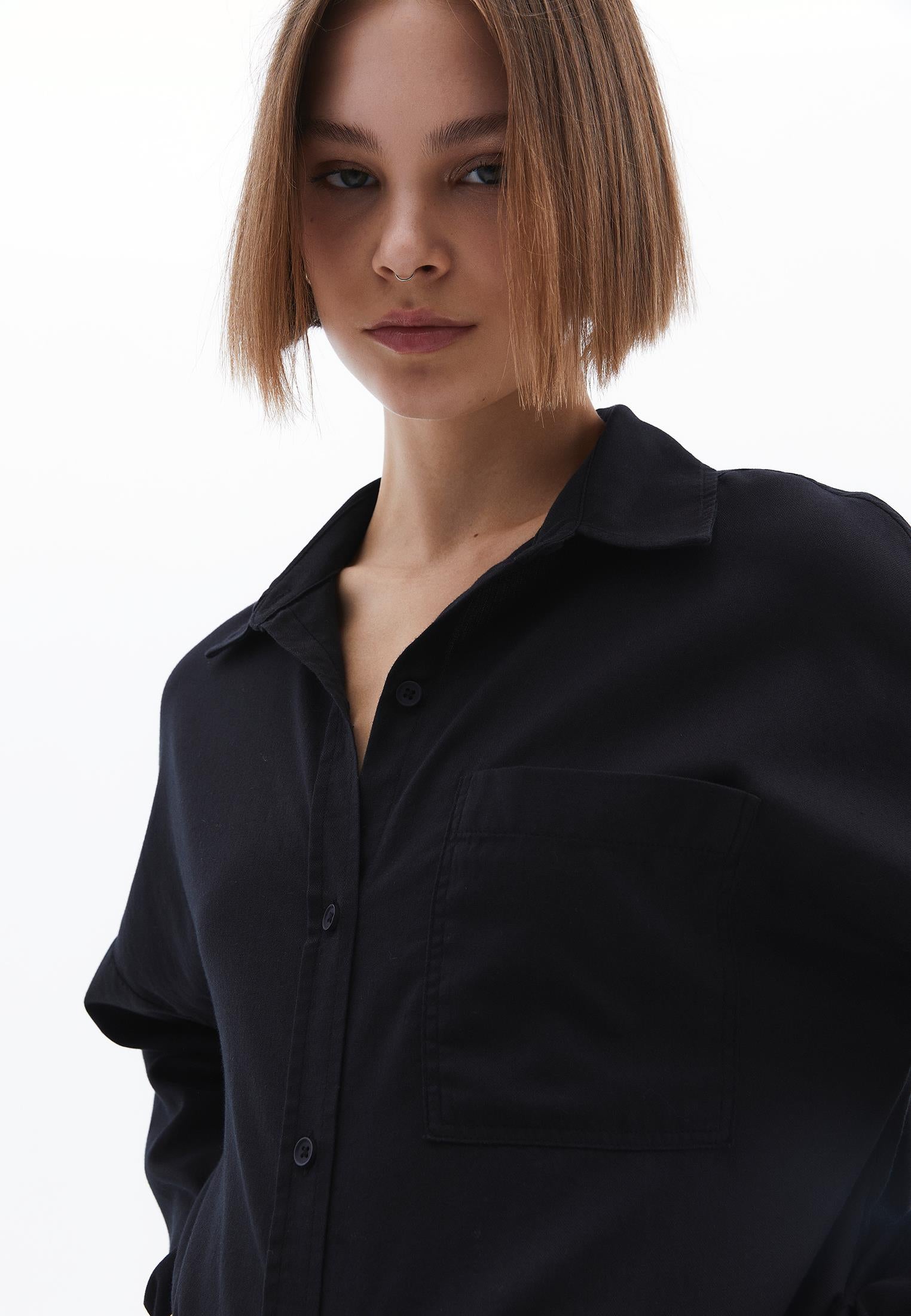 Shirt Collar Buttoned Oversize Long Sleeve Shirt - BLACK