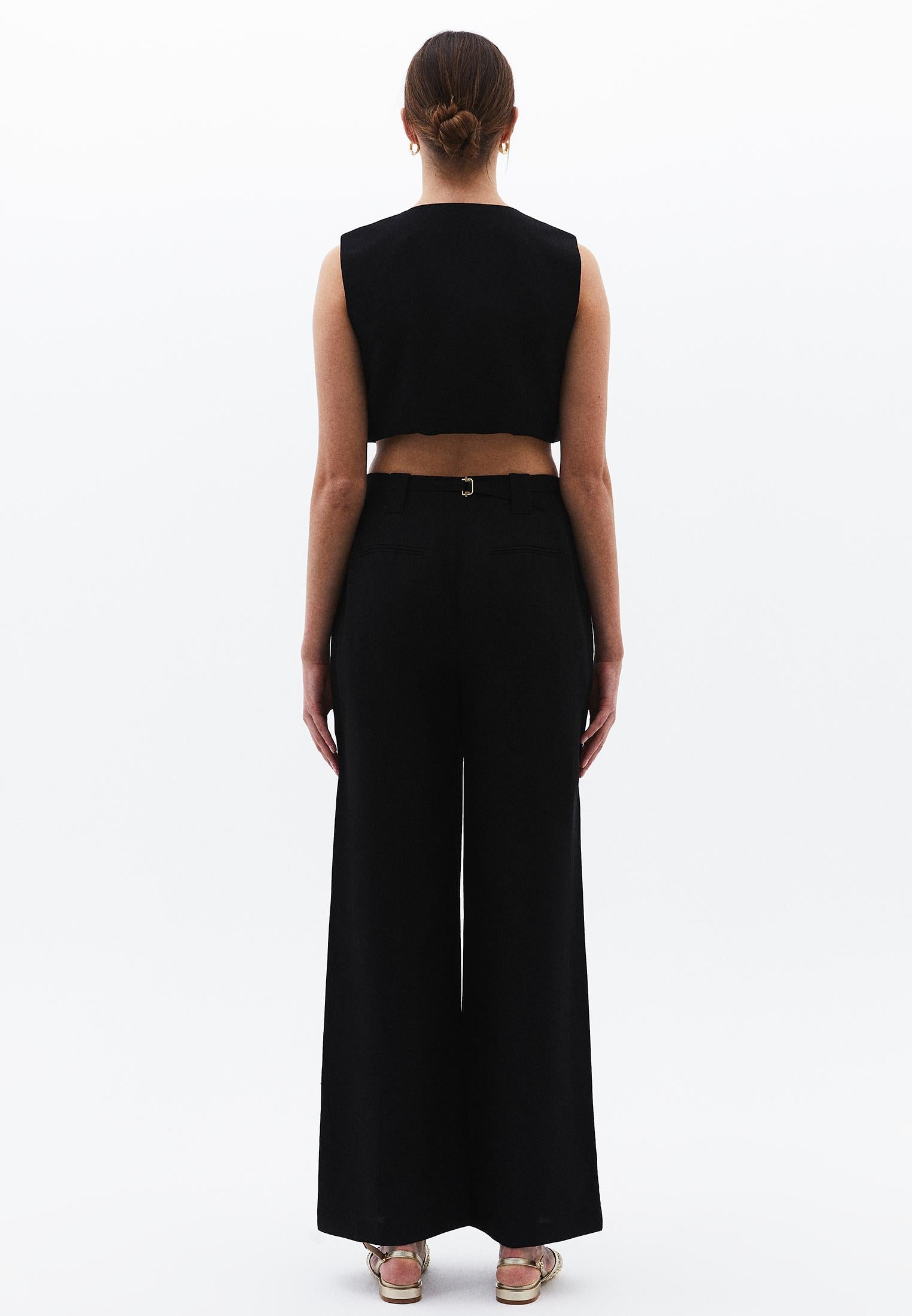 Wide Leg High Waist Button Detailed Pants - BLACK