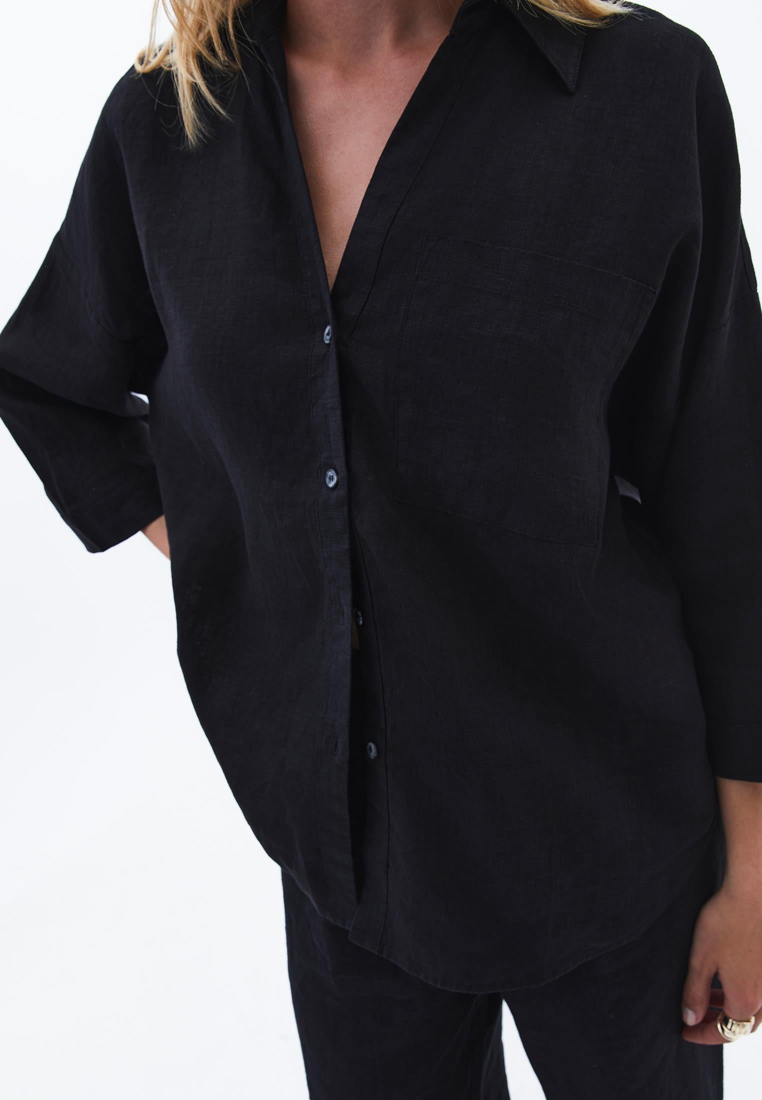 Shirt With Button Details At Tunic Length - BLACK
