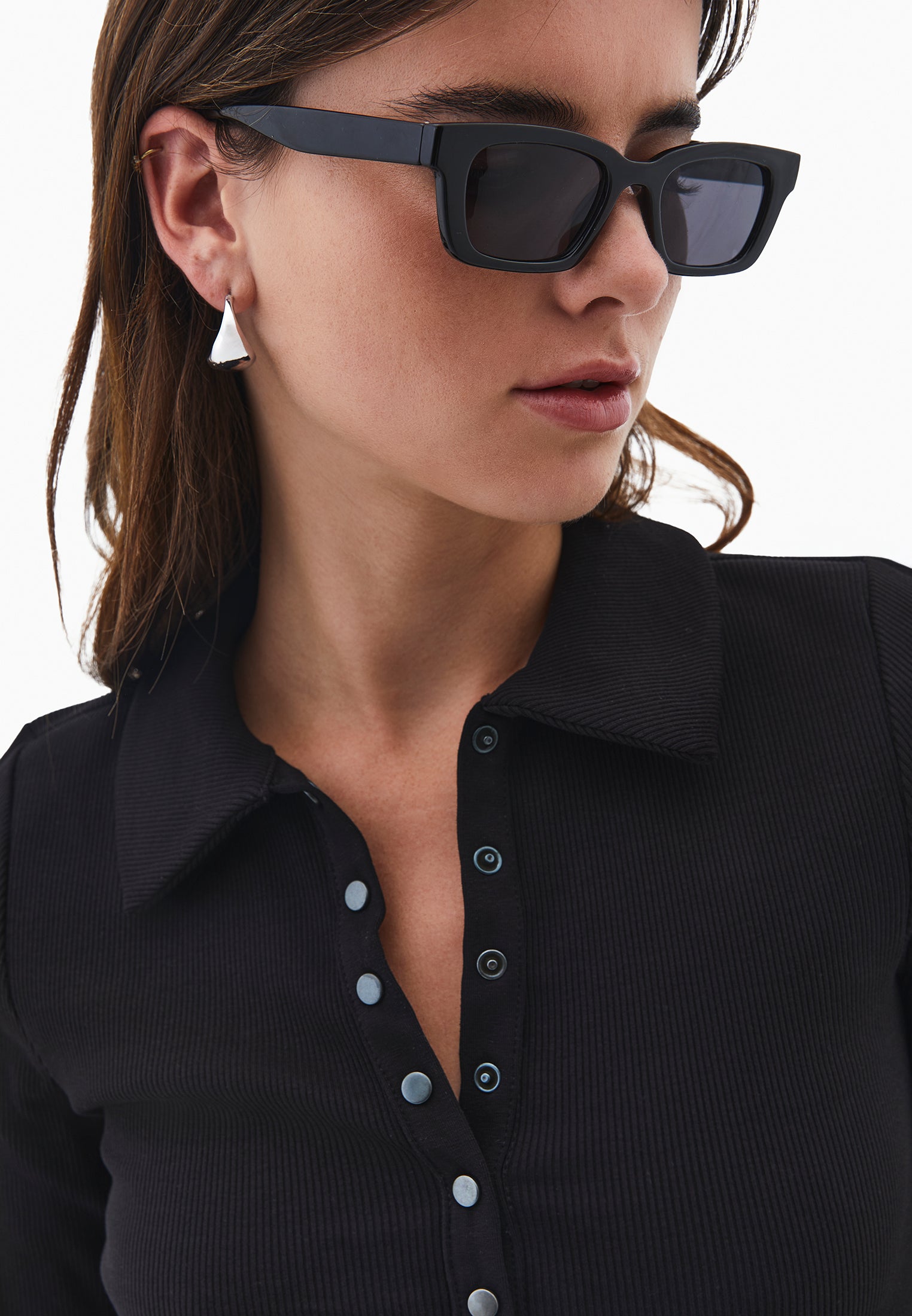 Polo Collar Long Sleeve Bodycon T-Shirt - BLACK
