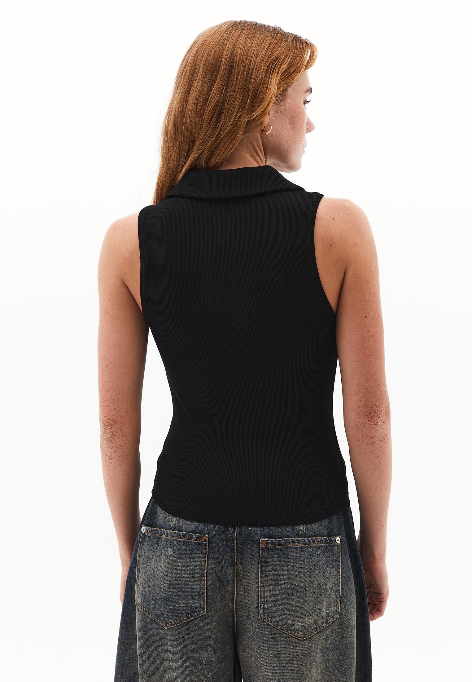 Zip Detailed Polo Collar Tank Top - BLACK