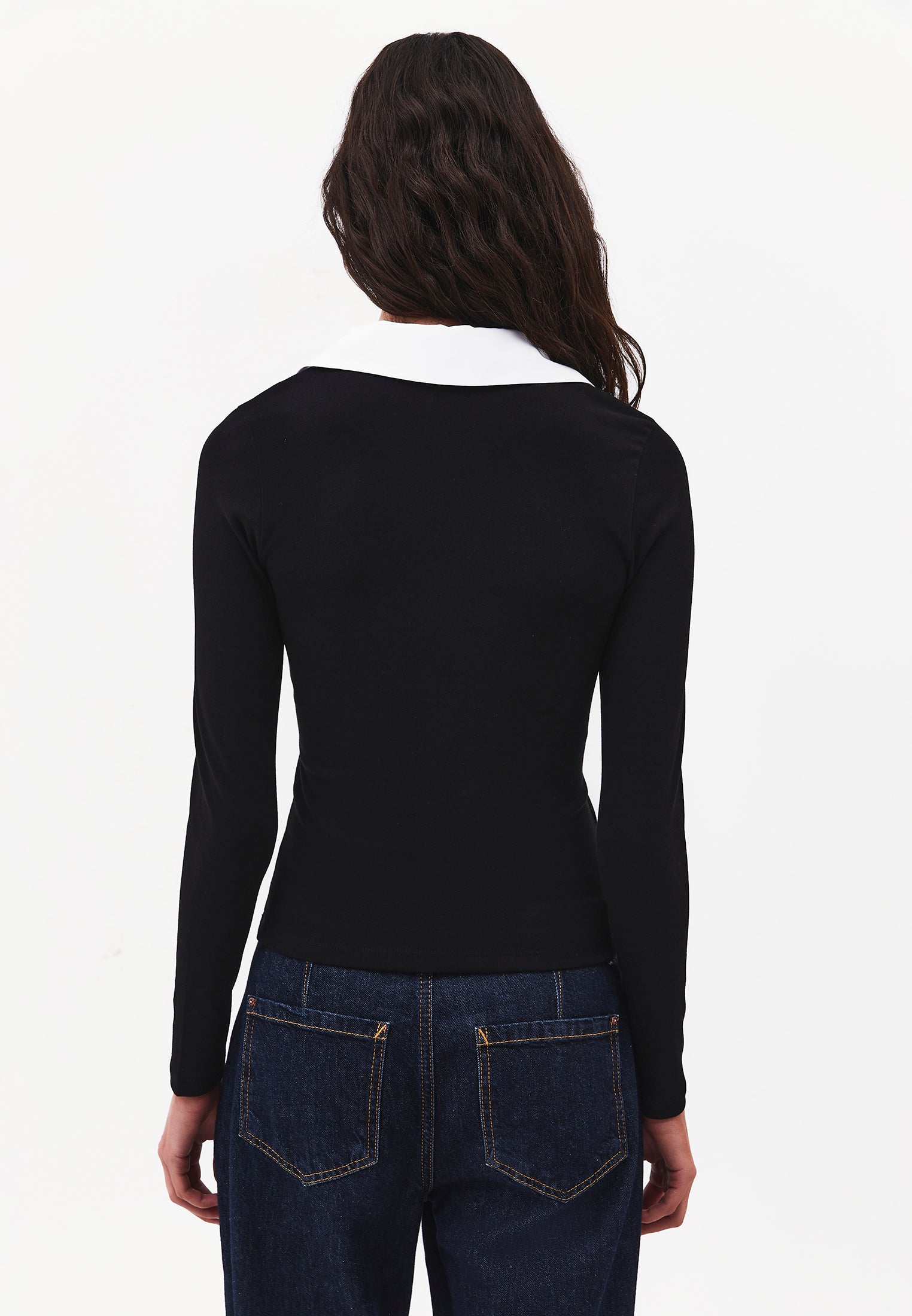 Polo Neck Long Sleeve Bodycon T-Shirt - BLACK