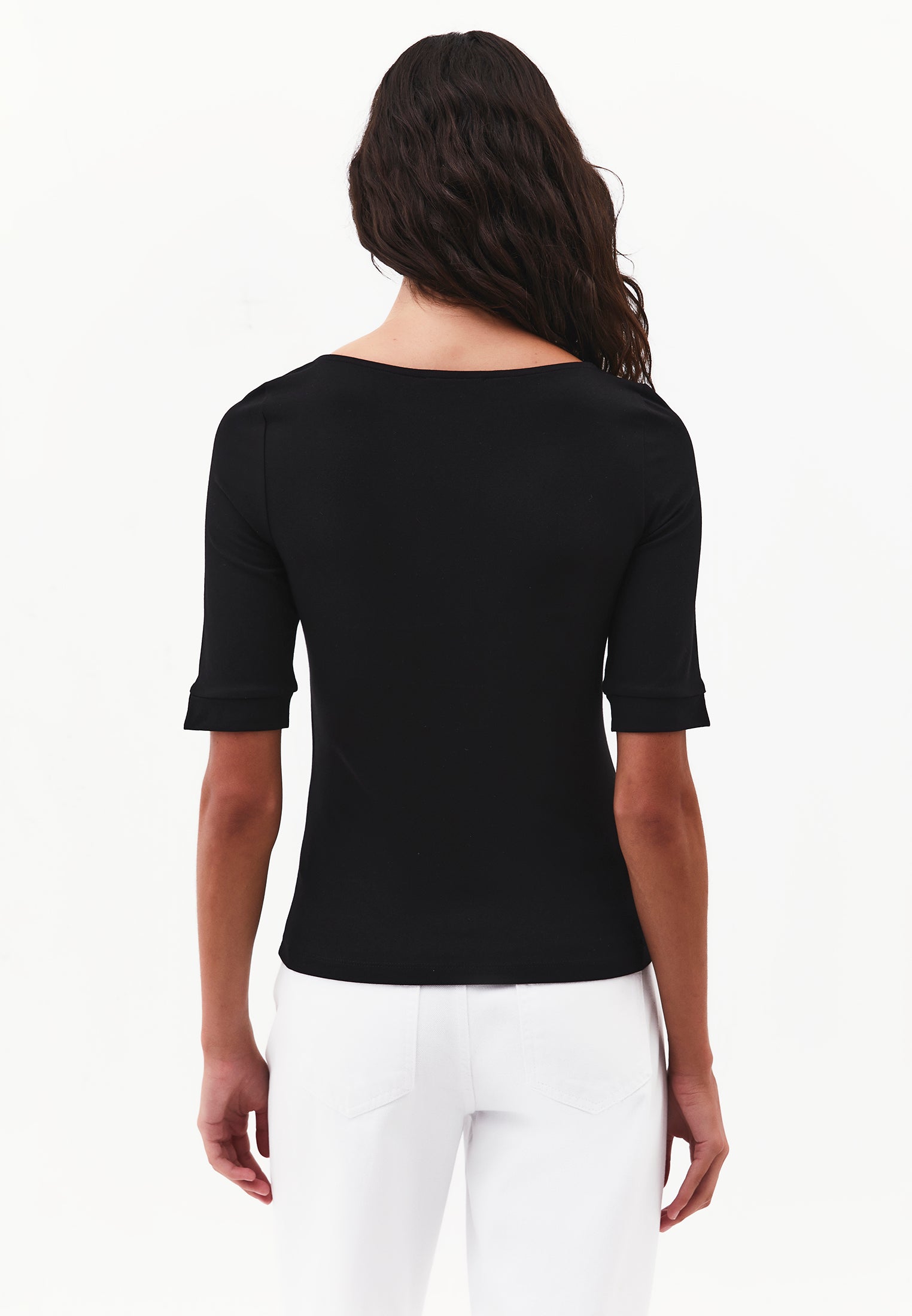 Boat Neck Half Sleeve Bodycon T-Shirt - BLACK