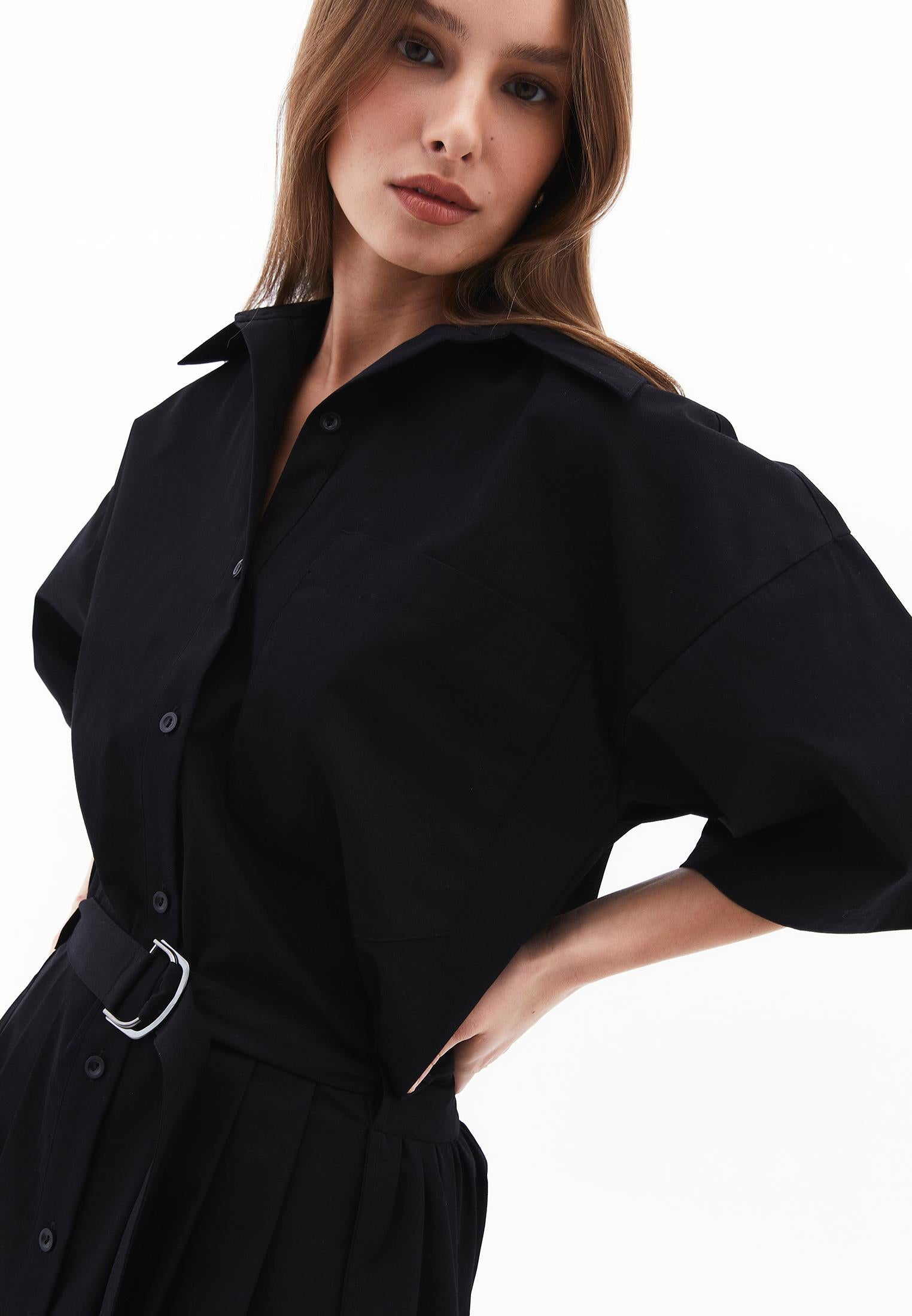 Oversize Short Shirt Collar Women Dress - BLACK