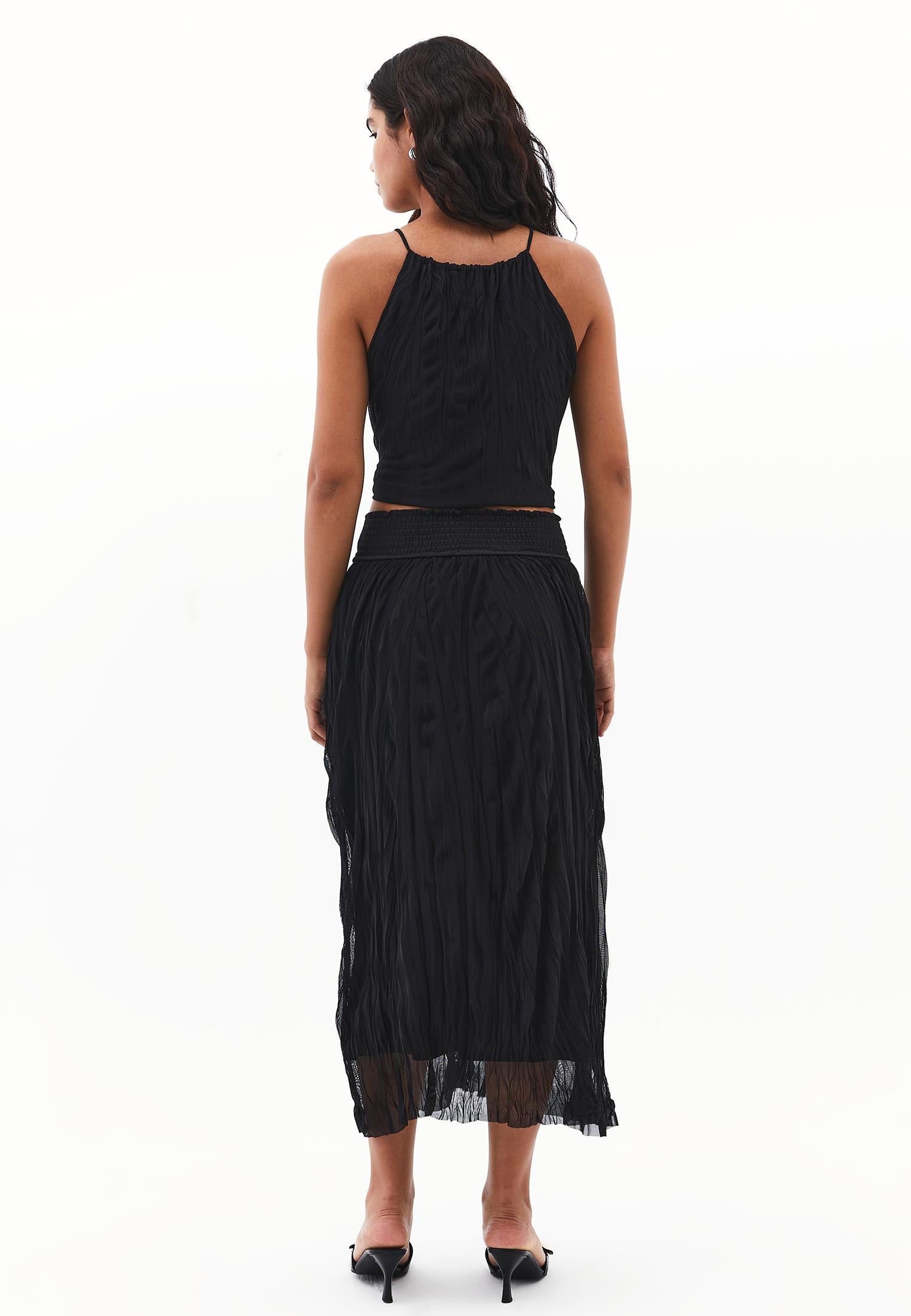 Wrinkled Look Midi Skirt - BLACK