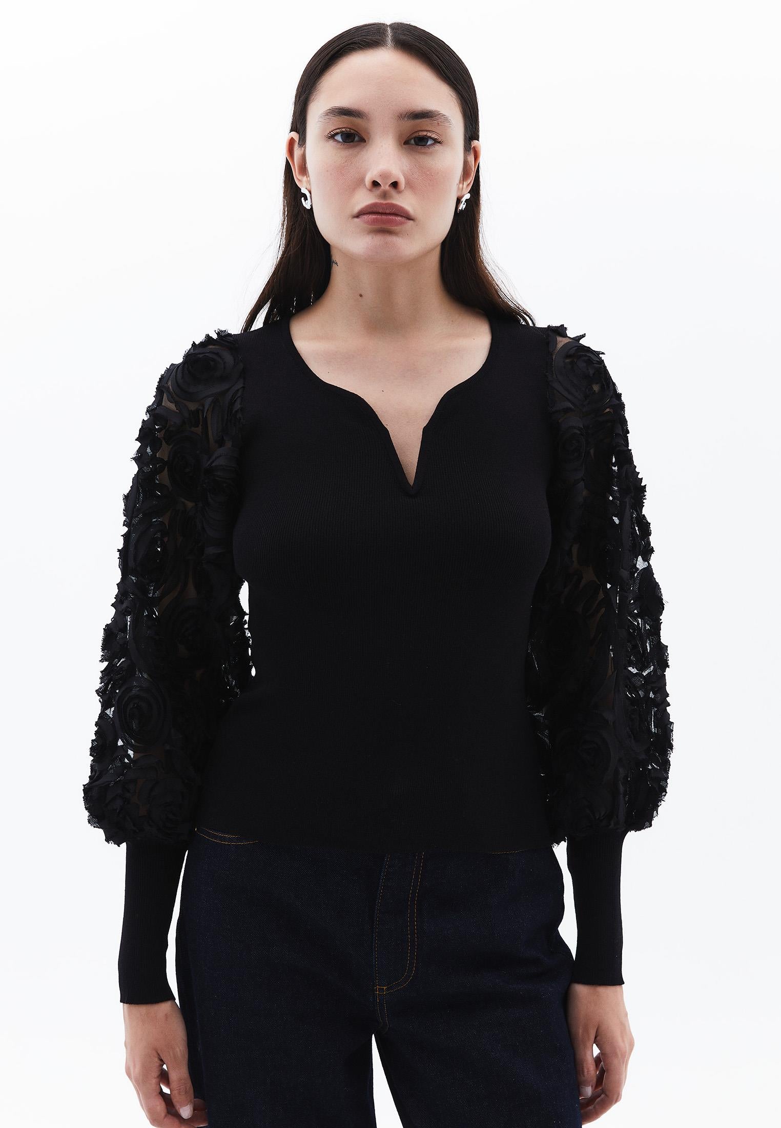 U Neck Long Sleeve Embroidered Sweater - BLACK