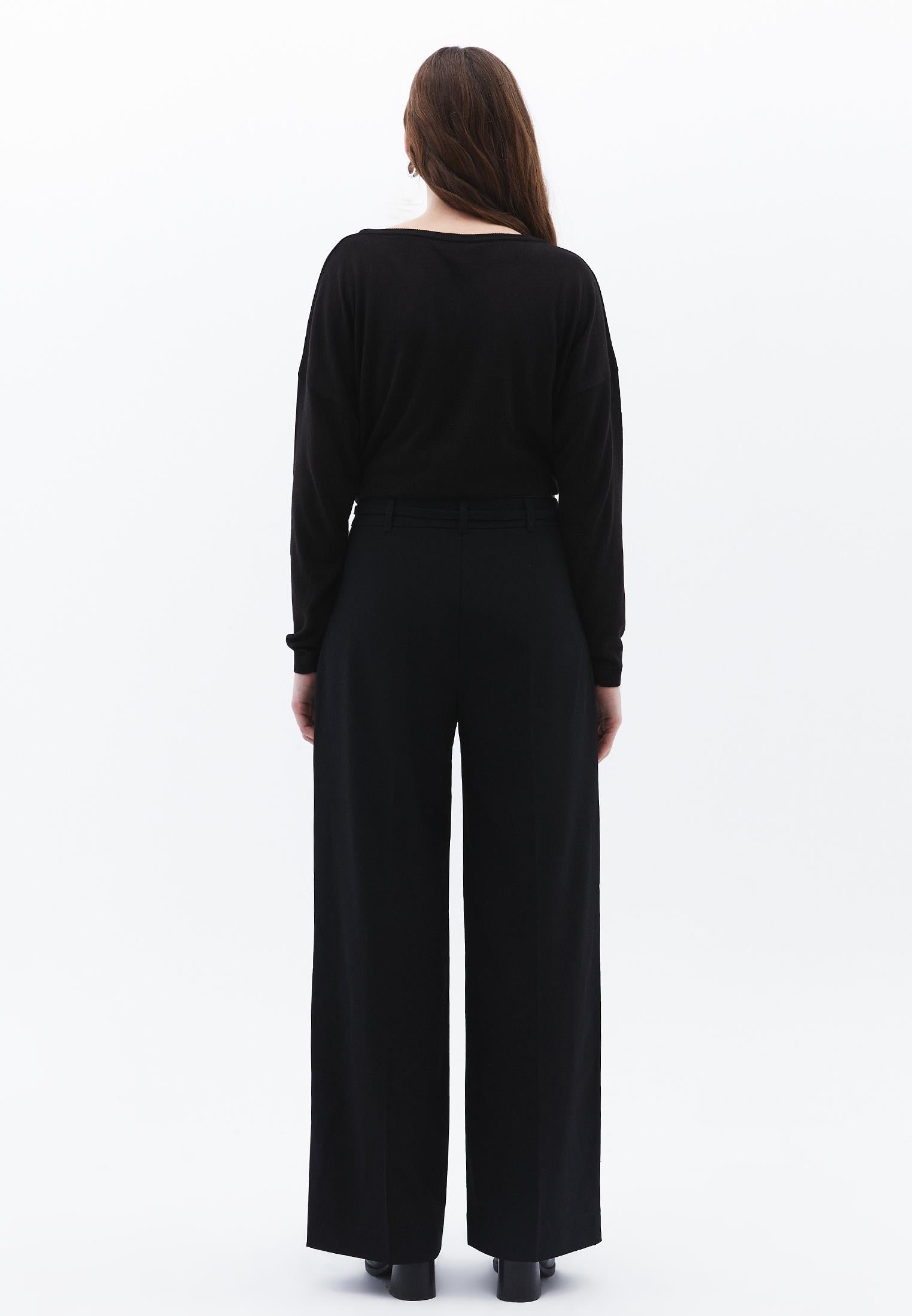 Straight Pants With Belt Detail - BLACK