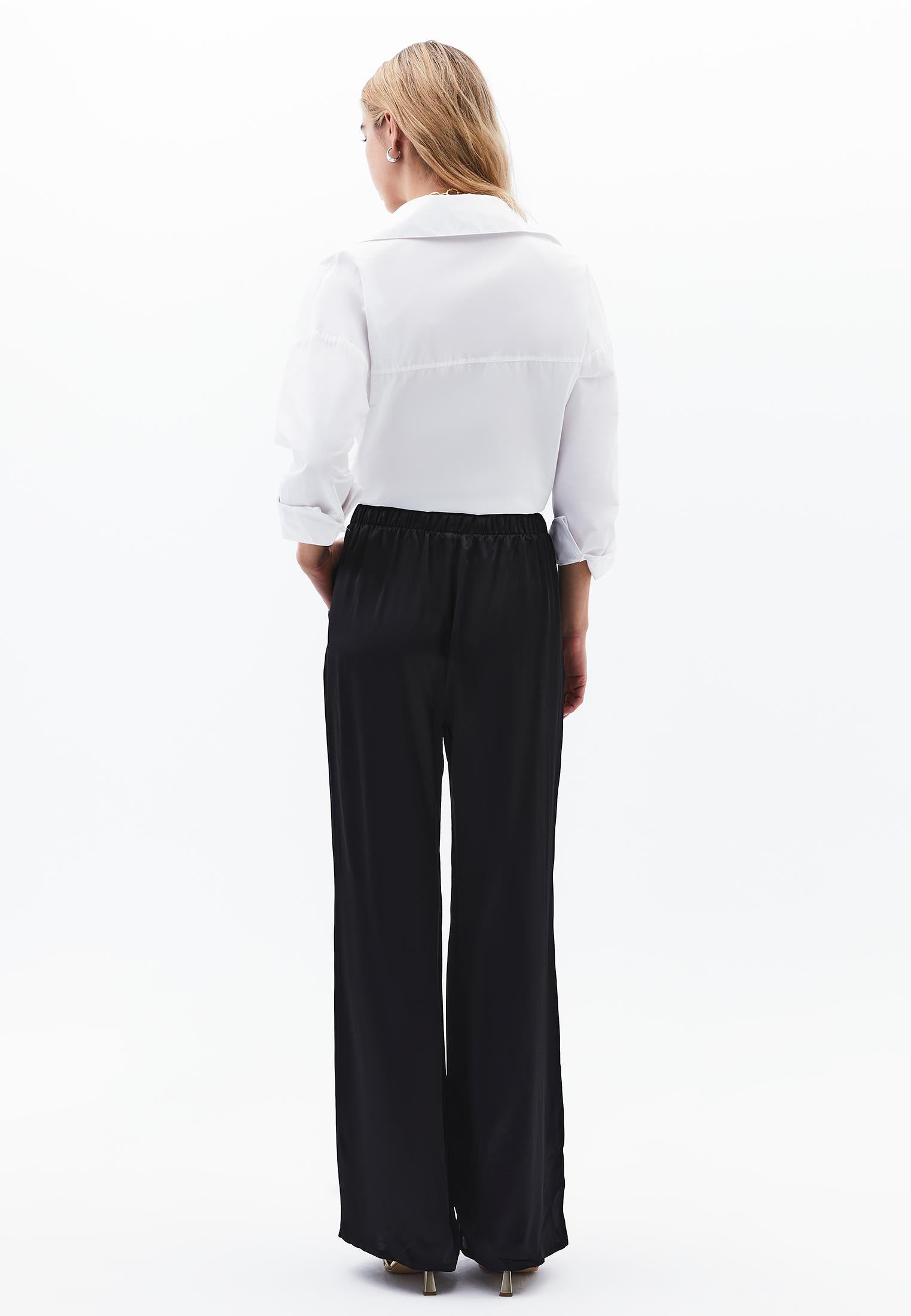 Wide Leg High Waist Elastic Waistband Trouser - BLACK