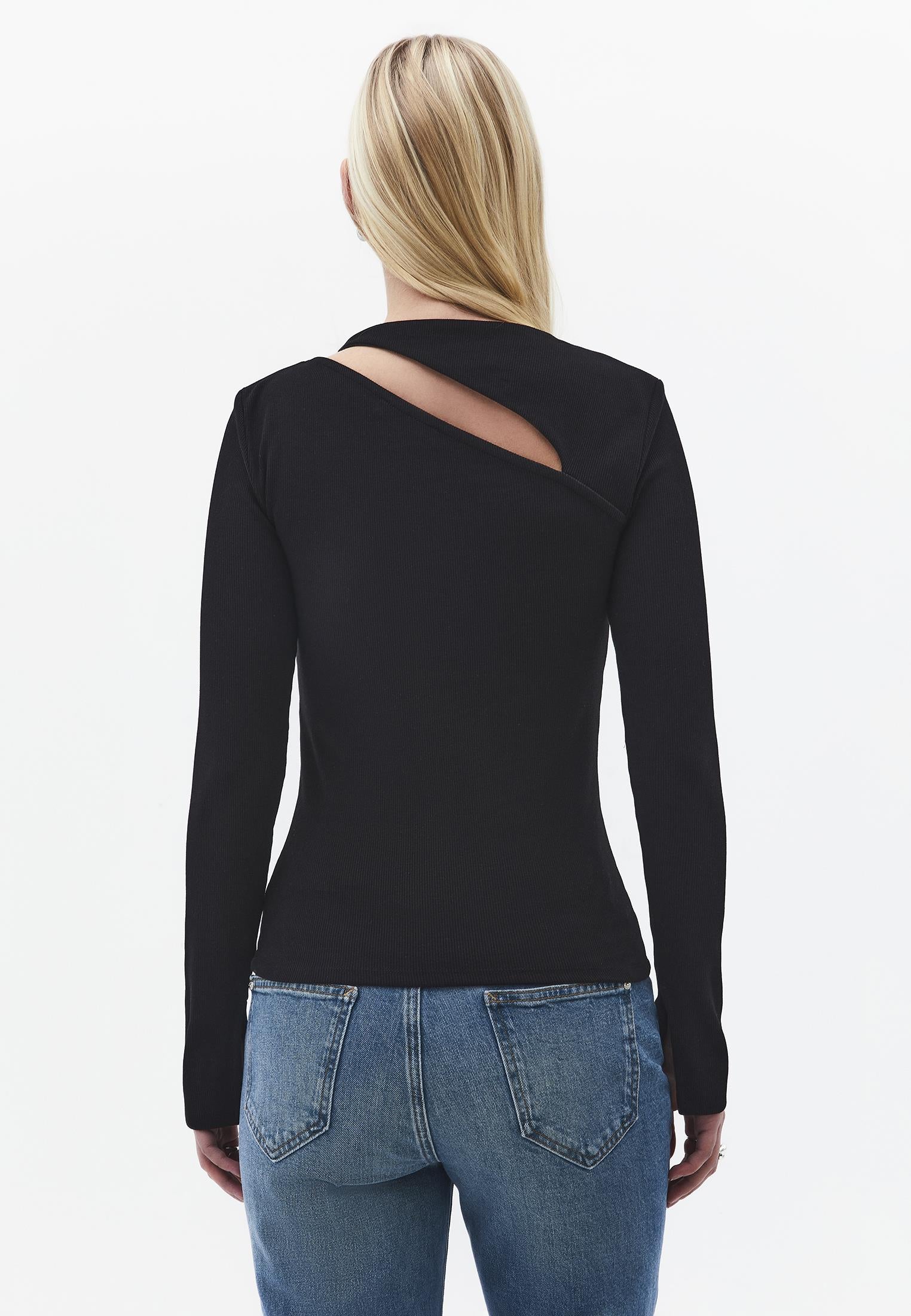 Asymmetric Cutout Long Sleeve Bodycon T-Shirt - BLACK