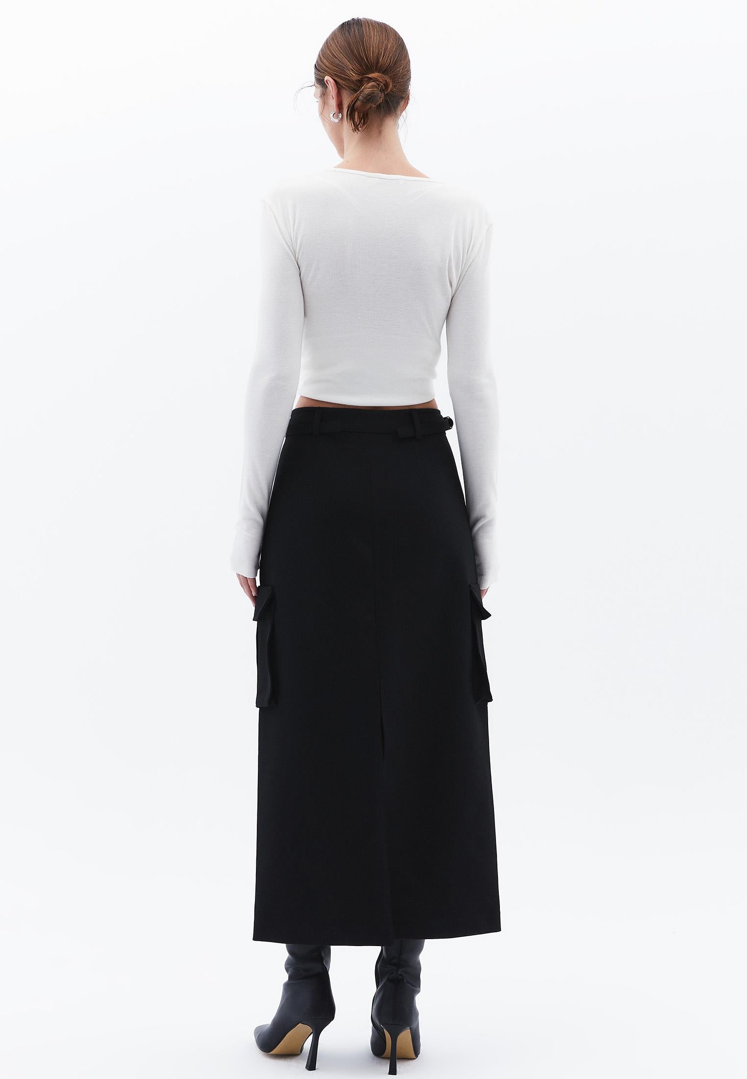 Long Slim High Waist Skirt With Pocket Details - BLACK