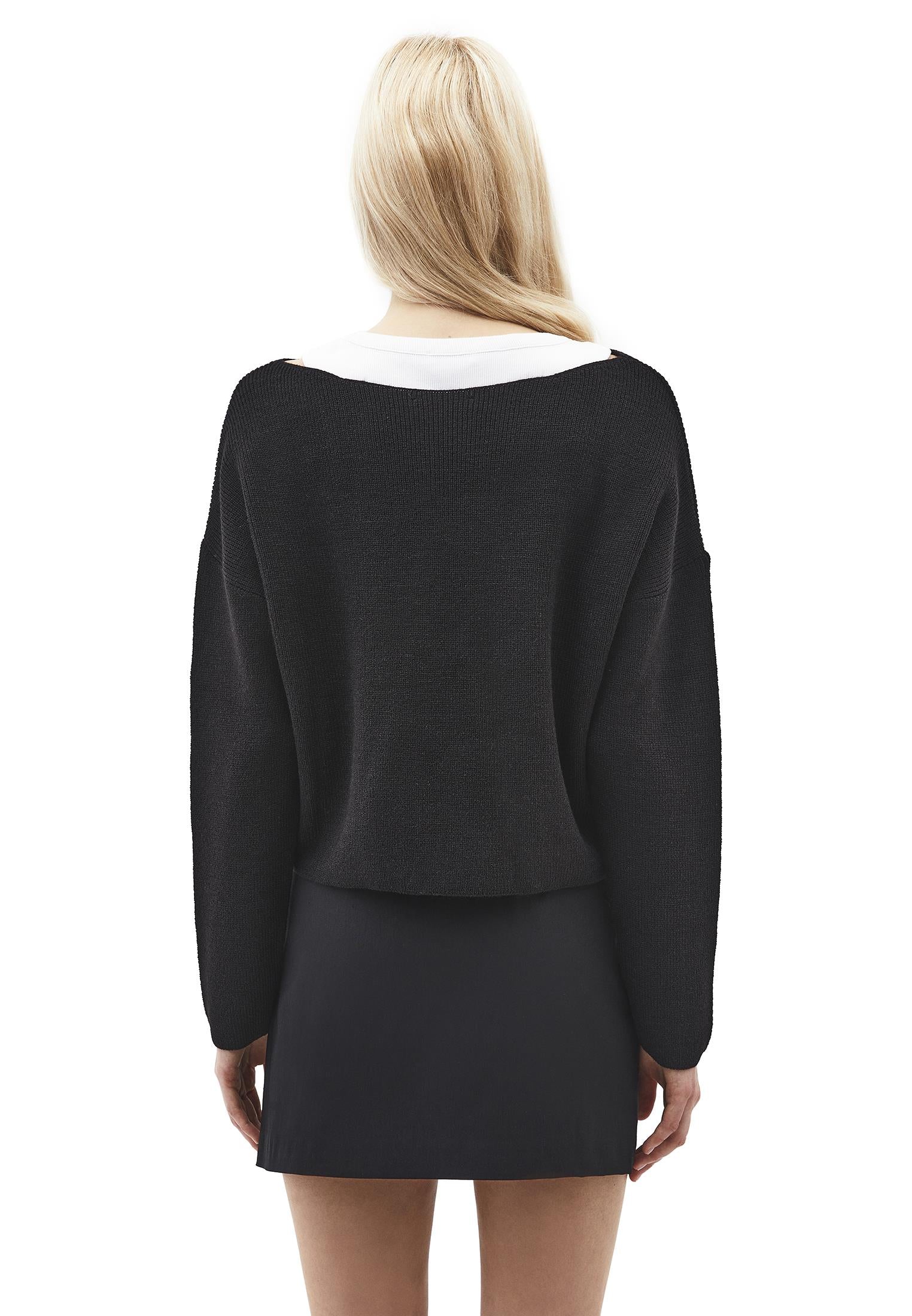 Boat Neck Long Sleeve Sweater - BLACK