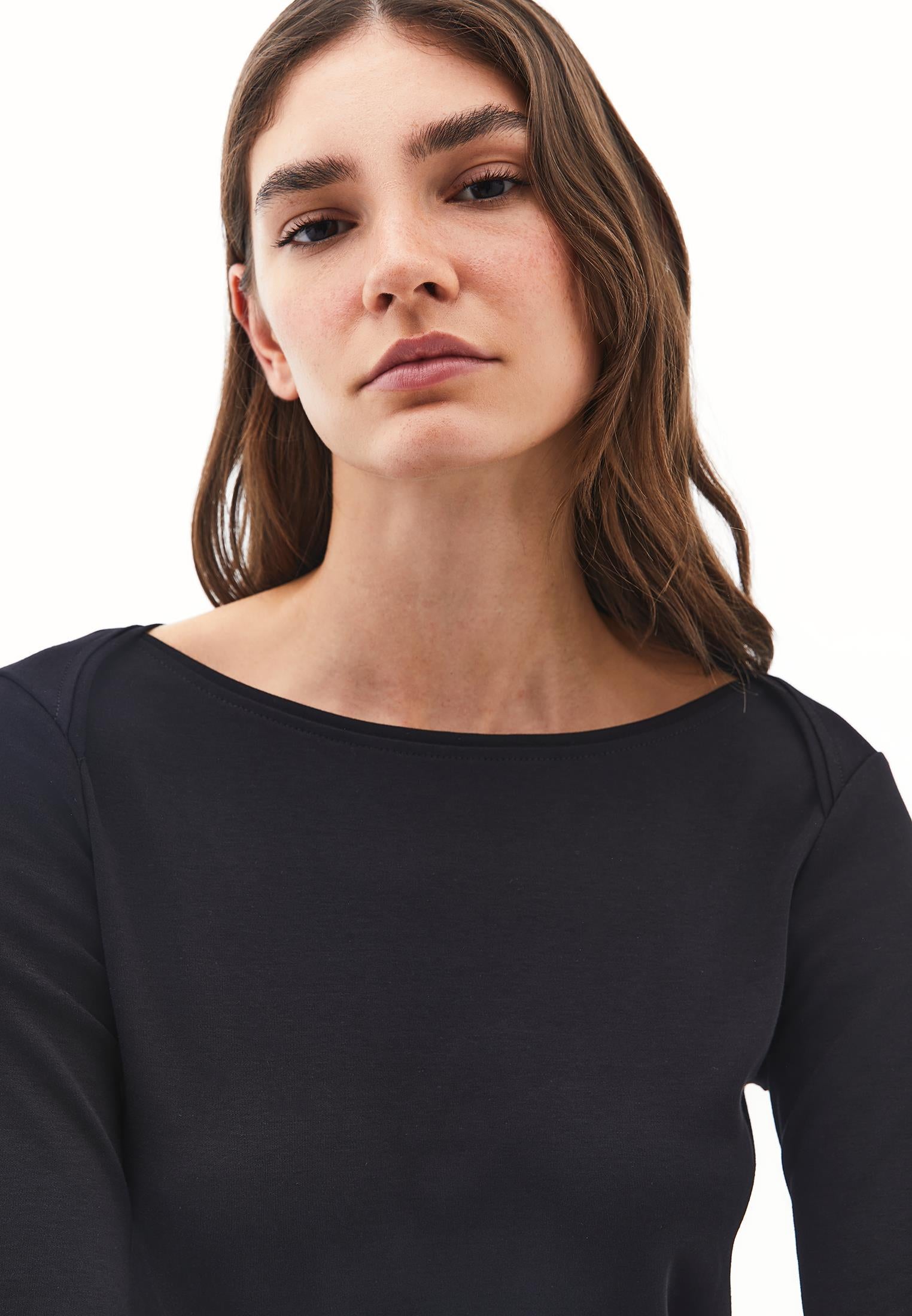 Boat Neck Long Sleeve T-Shirt - BLACK