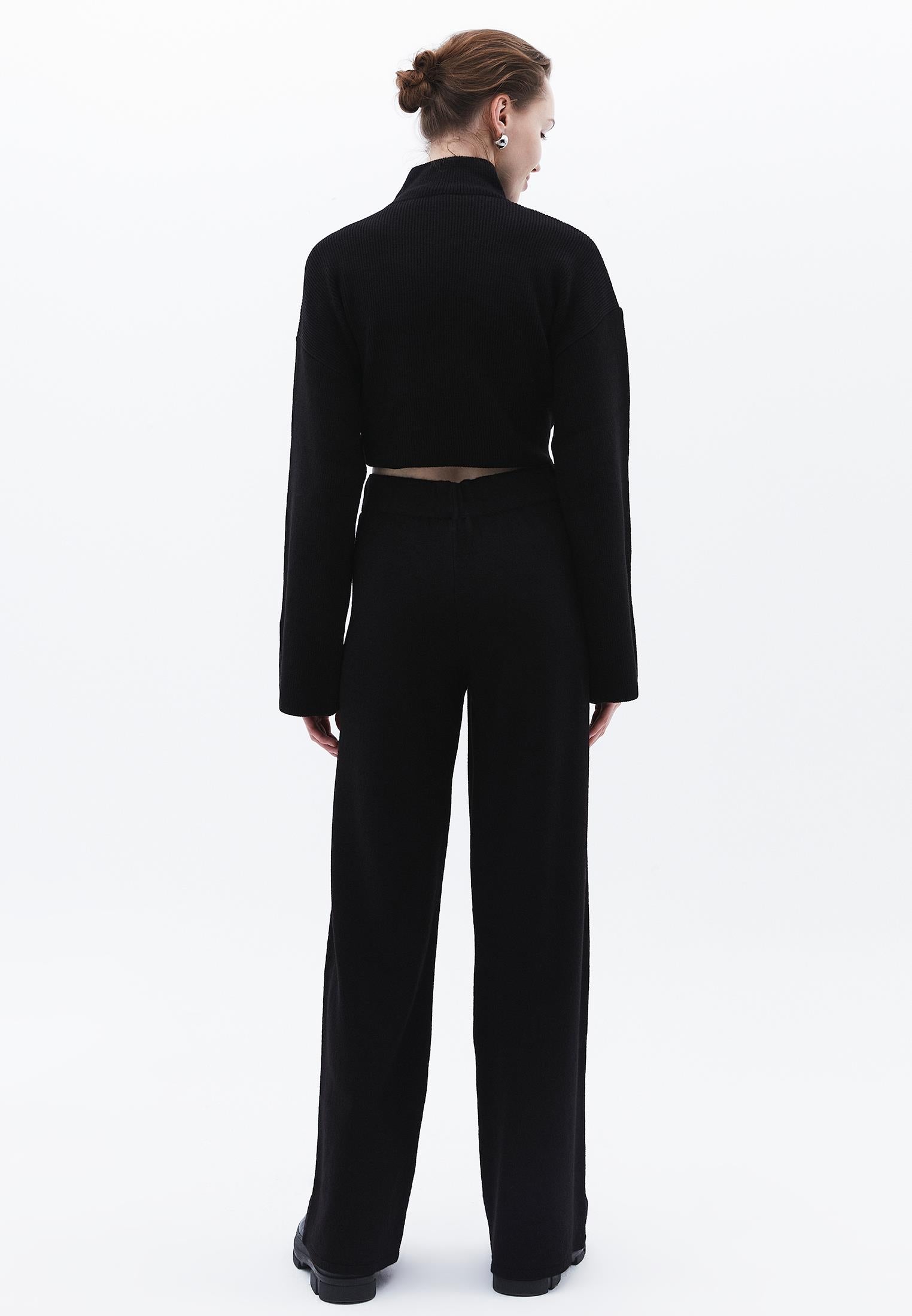 Relaxed Fit High Waist Wide Leg Pants - BLACK