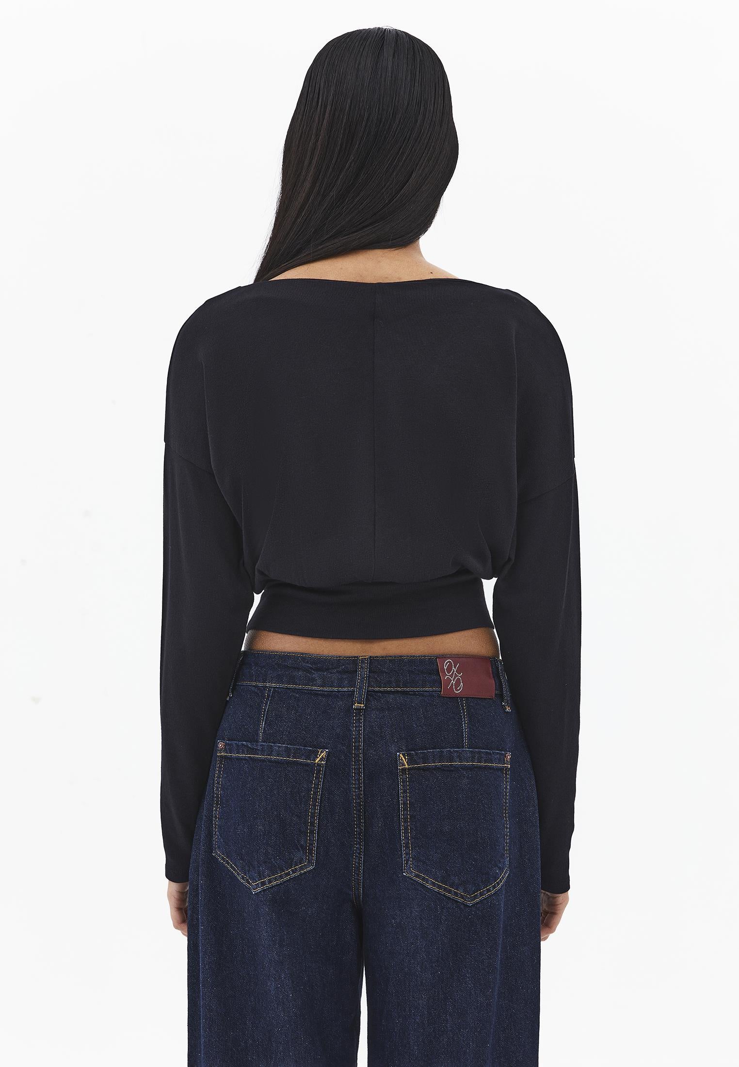 Boat Neck Long Sleeve Sweater - BLACK