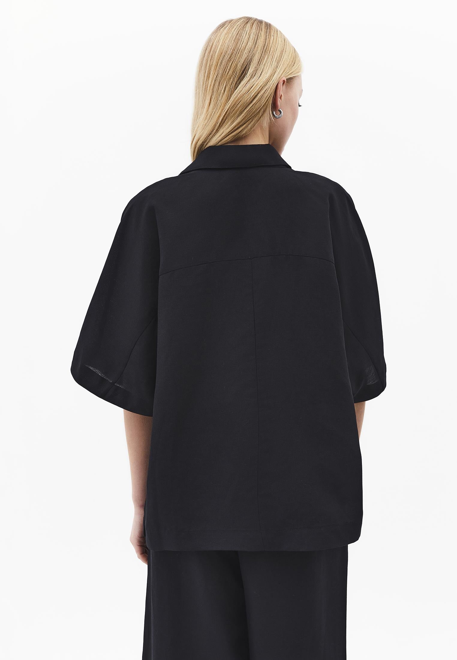 Polo Neck Batwing Sleeve Oversize Blouse - BLACK