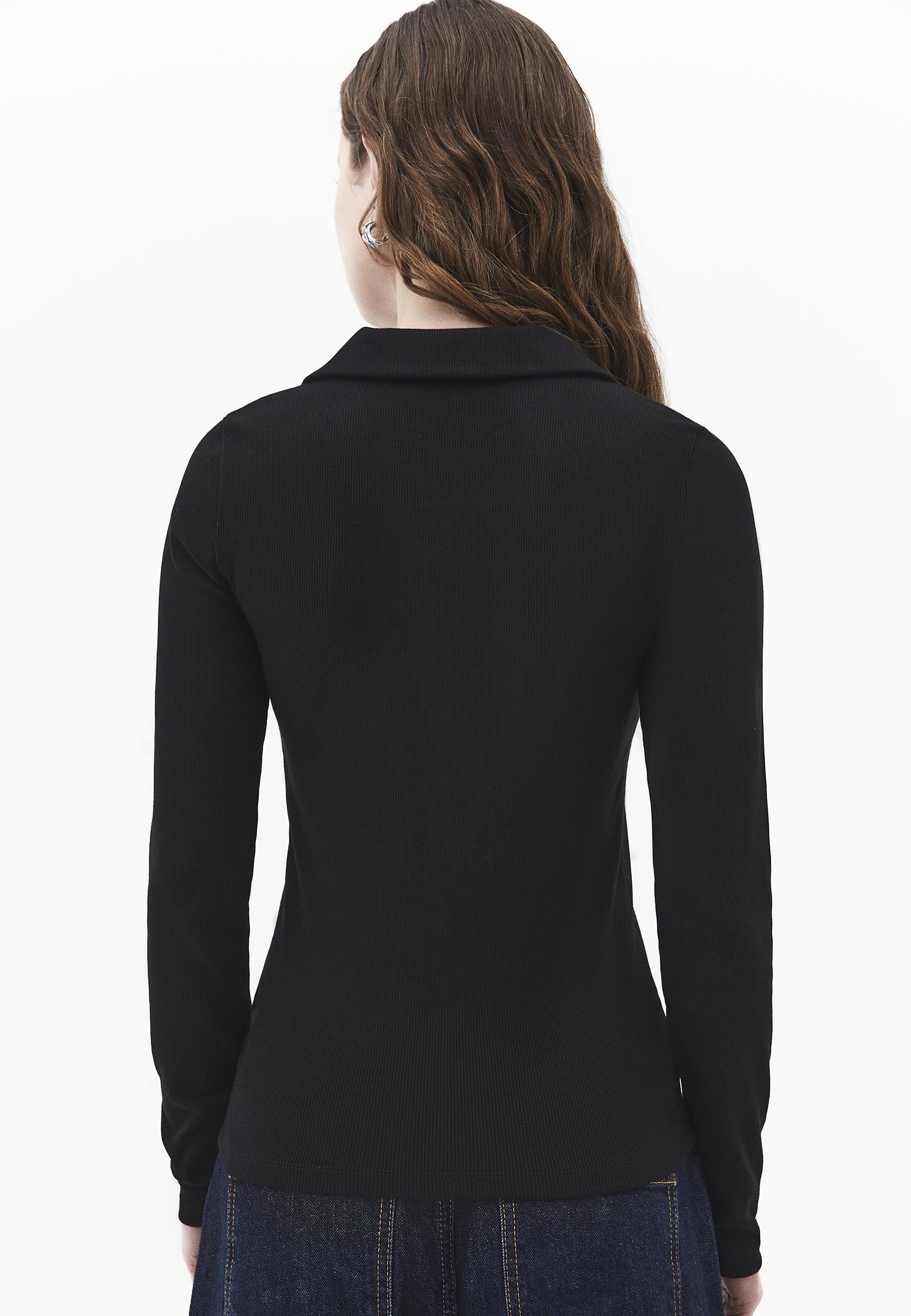 Polo Collar Long Sleeve Bodycon T-Shirt - BLACK