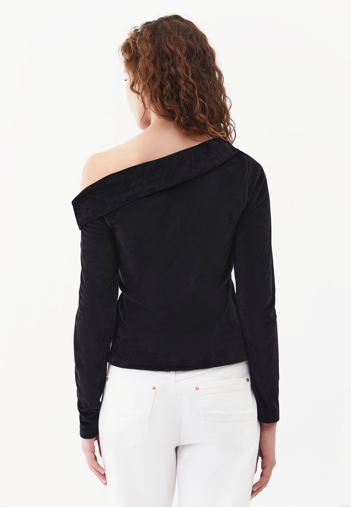 Low Shoulder Long Sleeve T-Shirt - BLACK