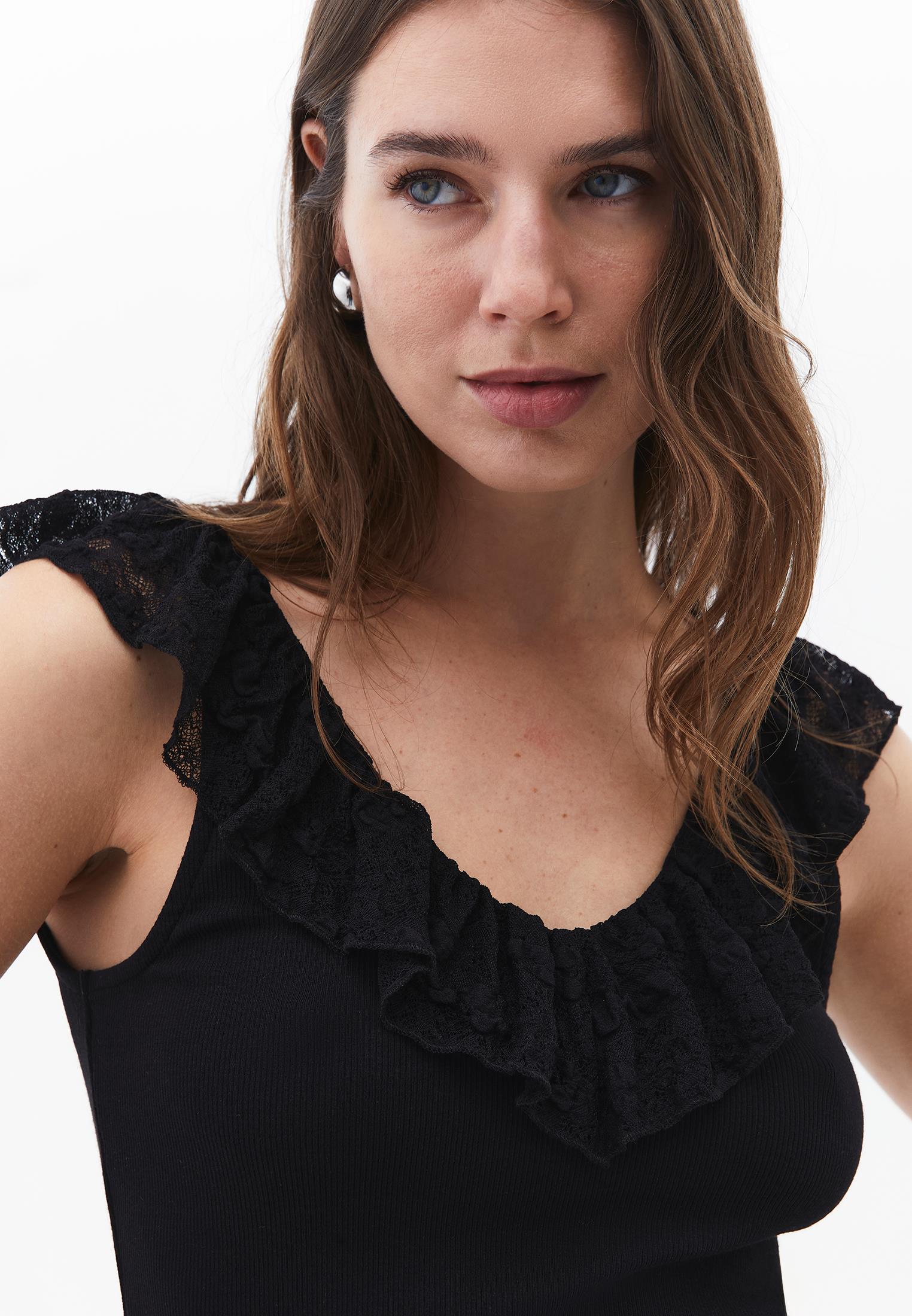 V Neck Frilled Tank Top - BLACK
