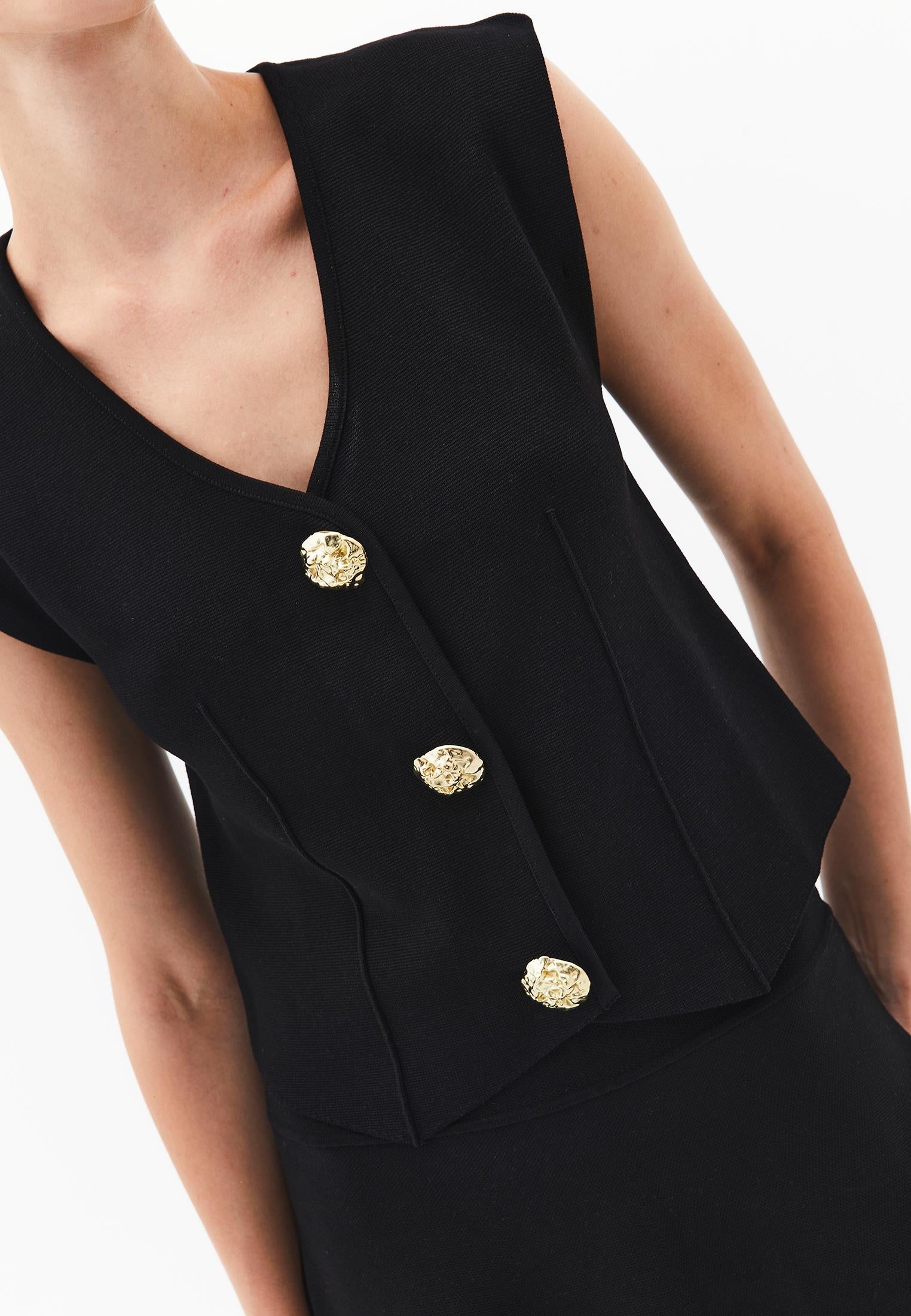 Midi Relaxed Fit Button Detailed Vest - BLACK