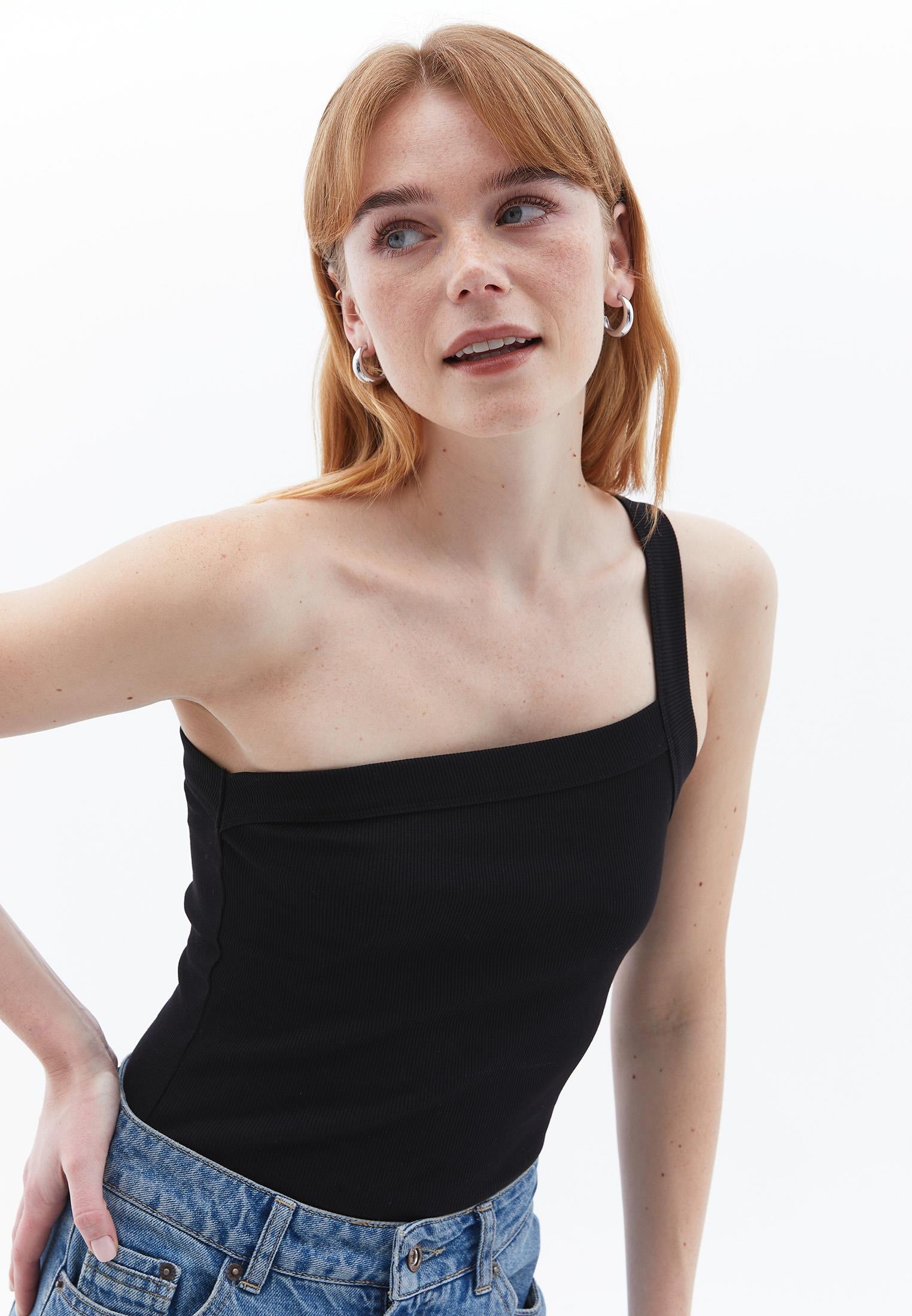 One Shoulder Asymmetric Tank Top - BLACK