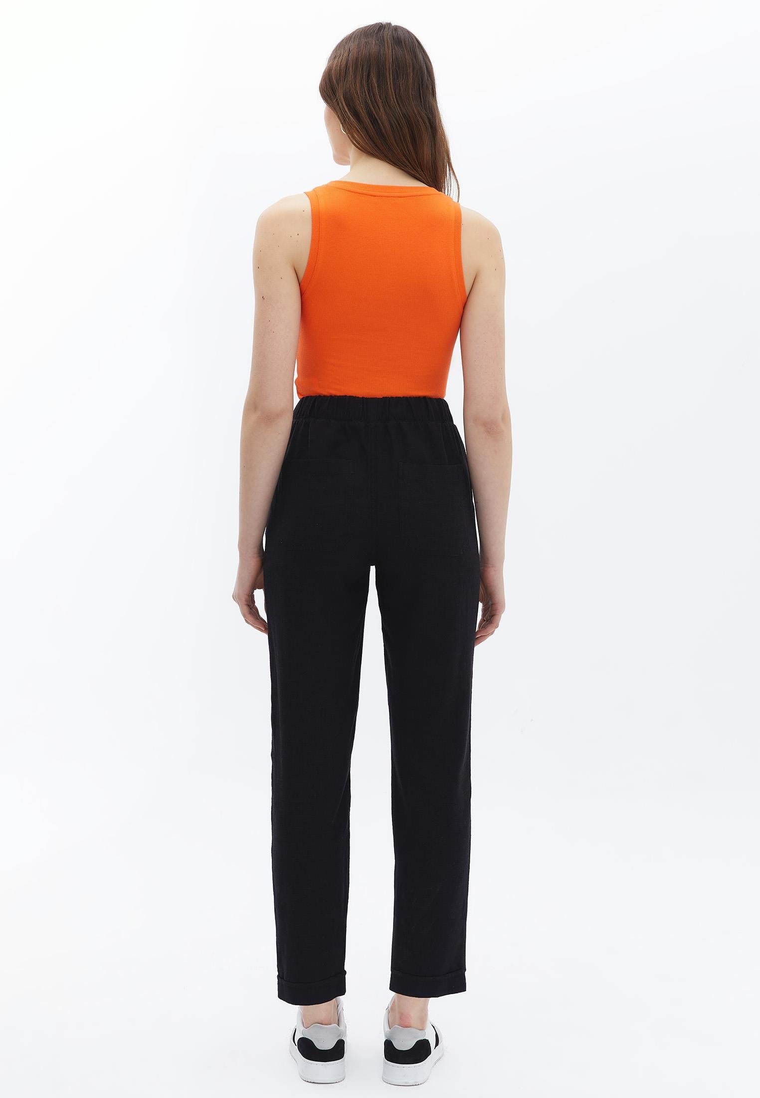 High Waist Elastic Carrot Pants - BLACK