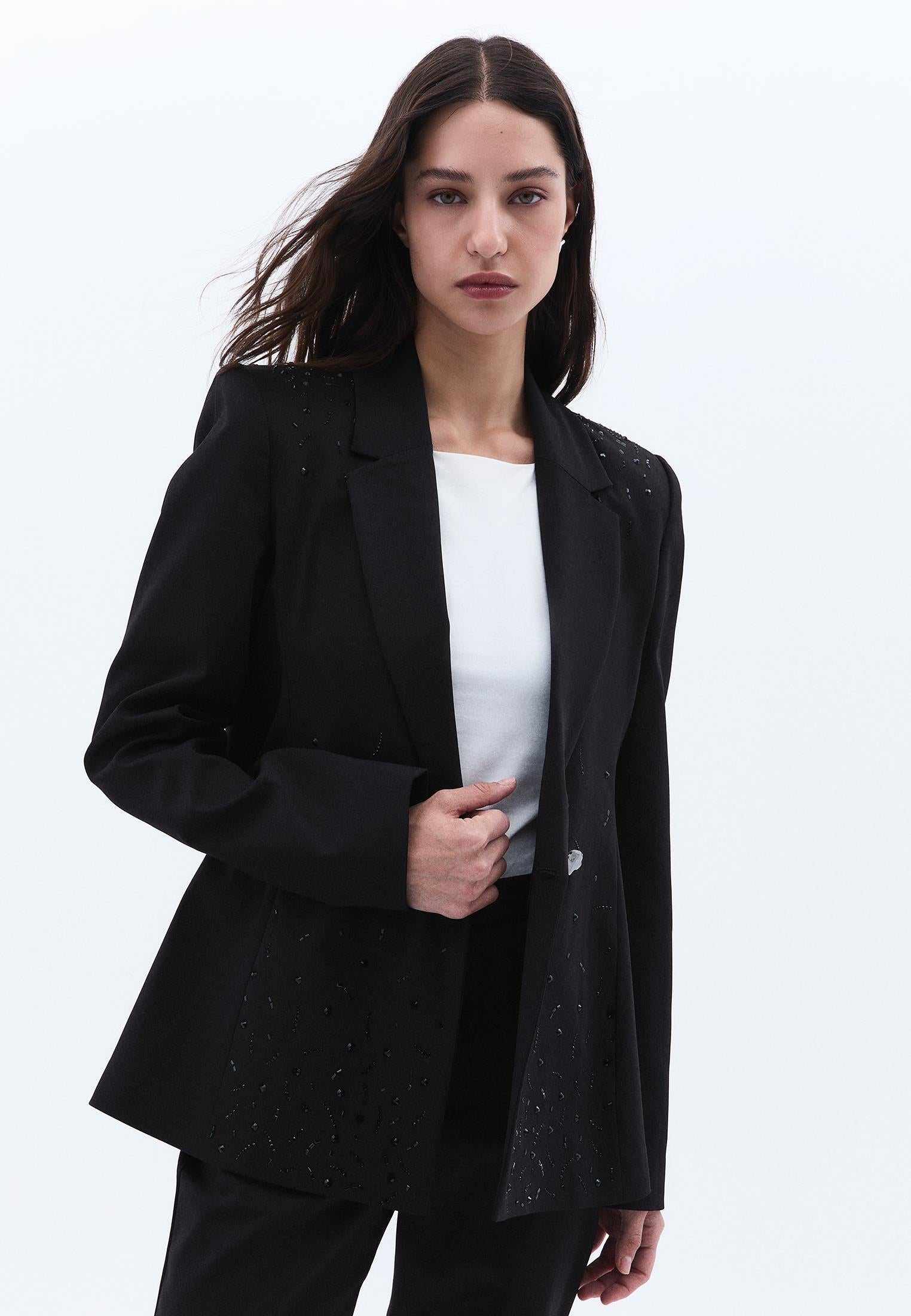 Shawl Collar Woven Blazer - BLACK