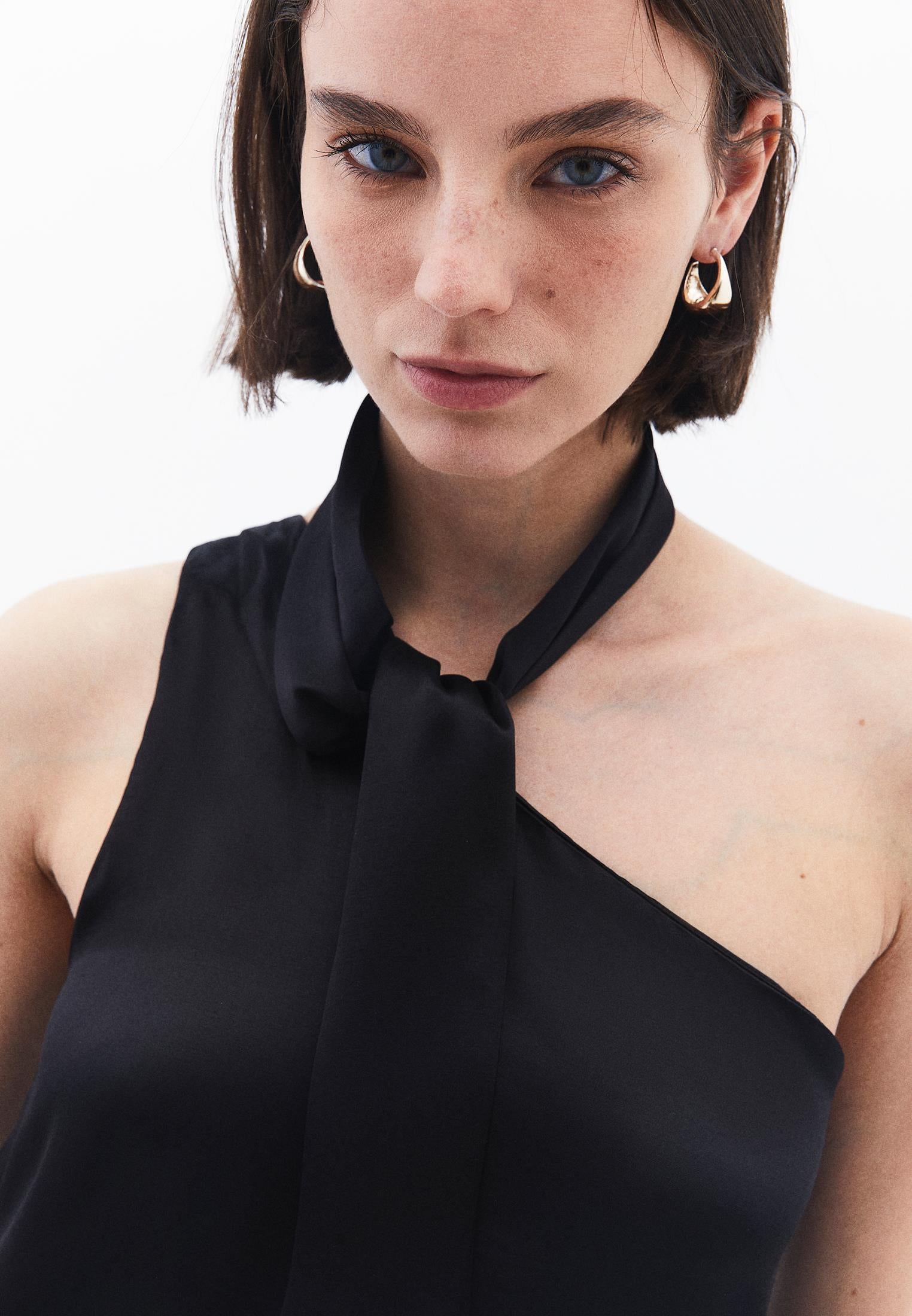 Asymmetric Collar Viscose Dress - BLACK
