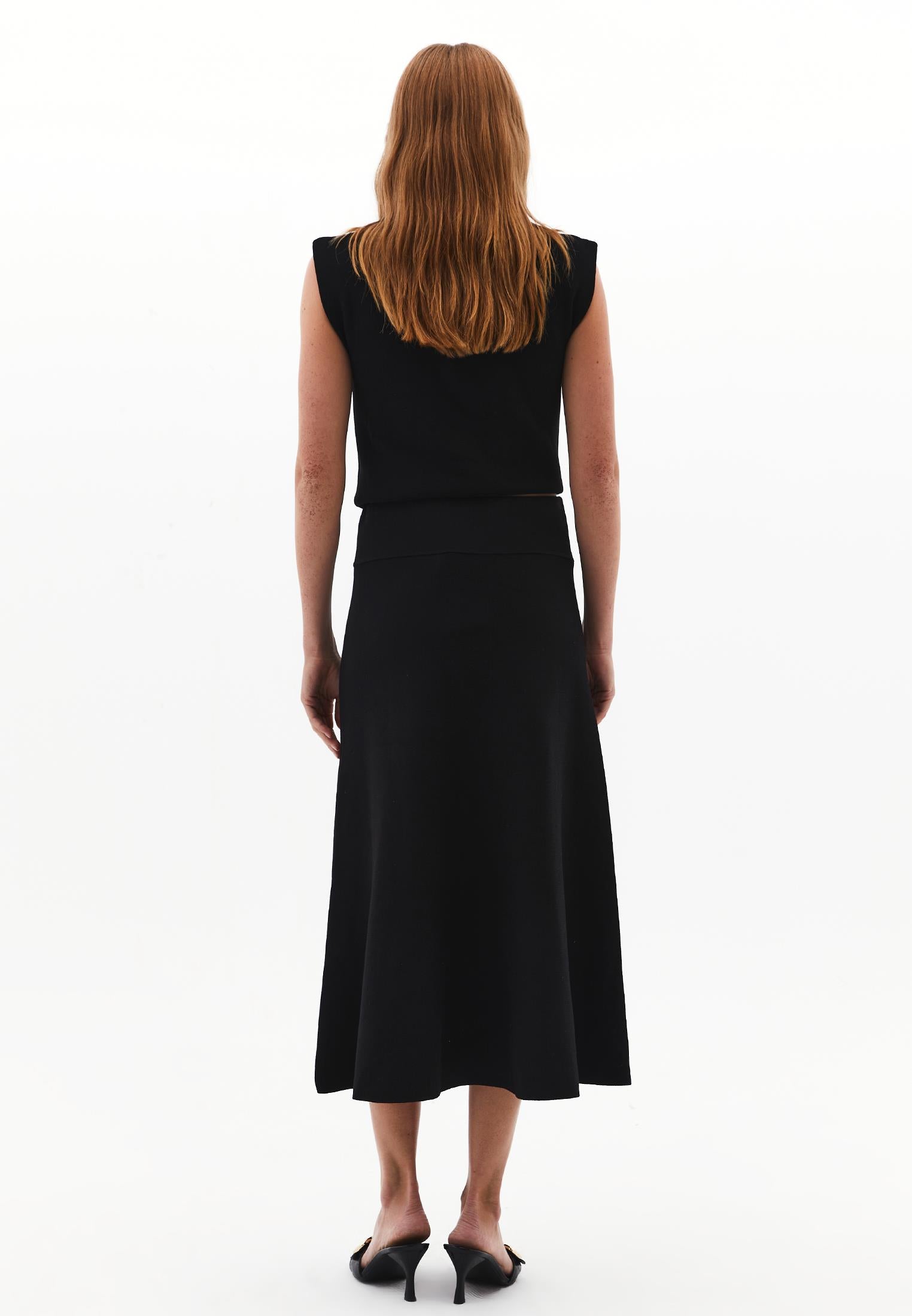 Long A-Line Skirt With Flounce Detail - BLACK