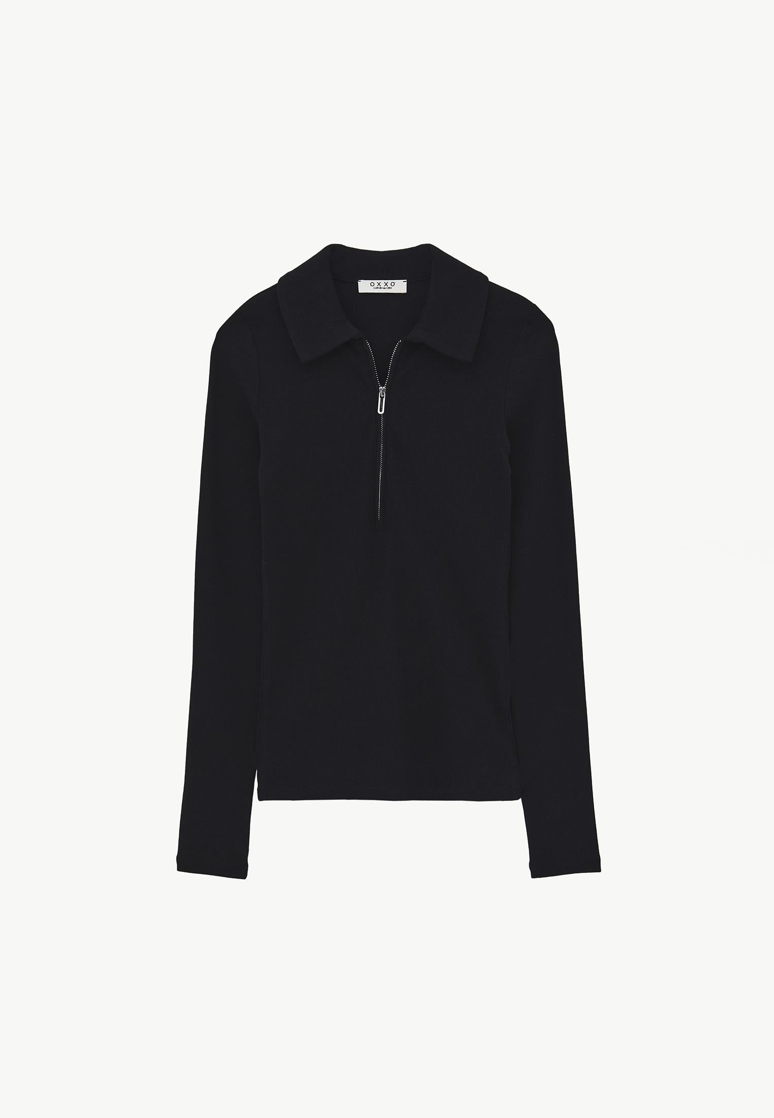 Polo Collar Zip Detailed Long Sleeve T-Shirt - BLACK