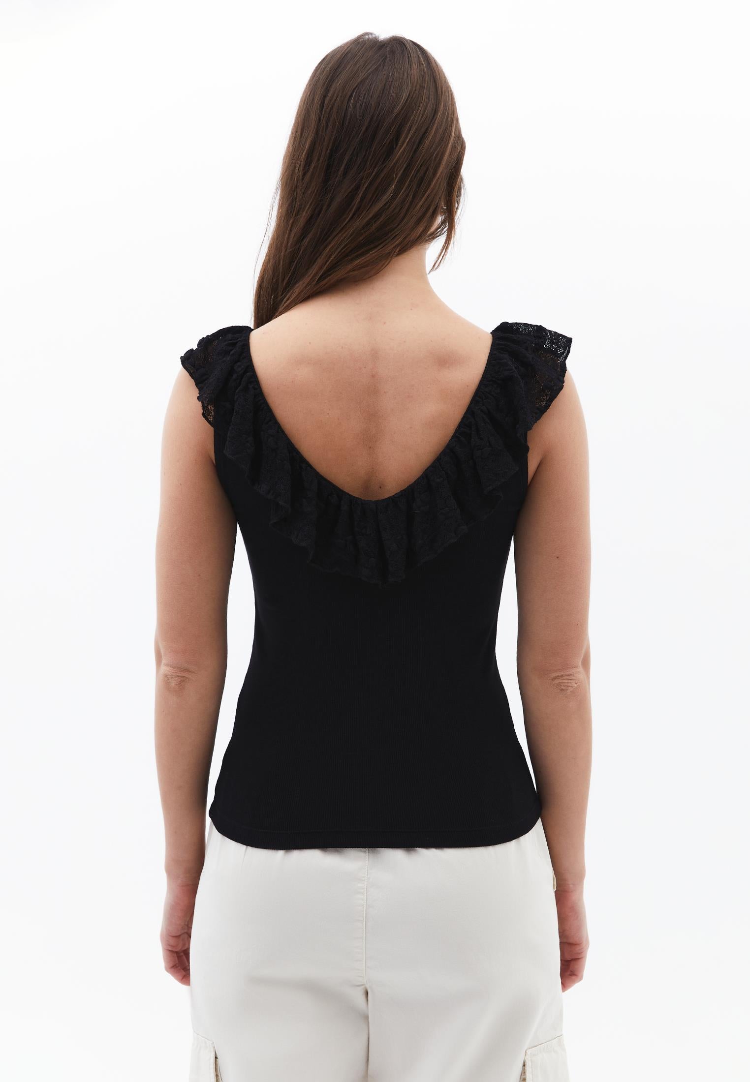 V Neck Frilled Tank Top - BLACK