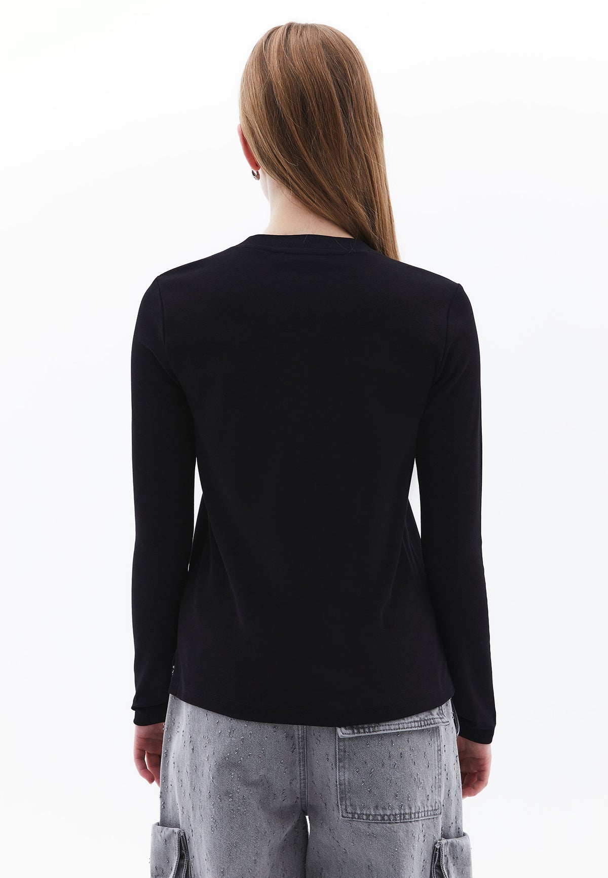Crew Neck Long Sleeve Sweatshirt - BLACK