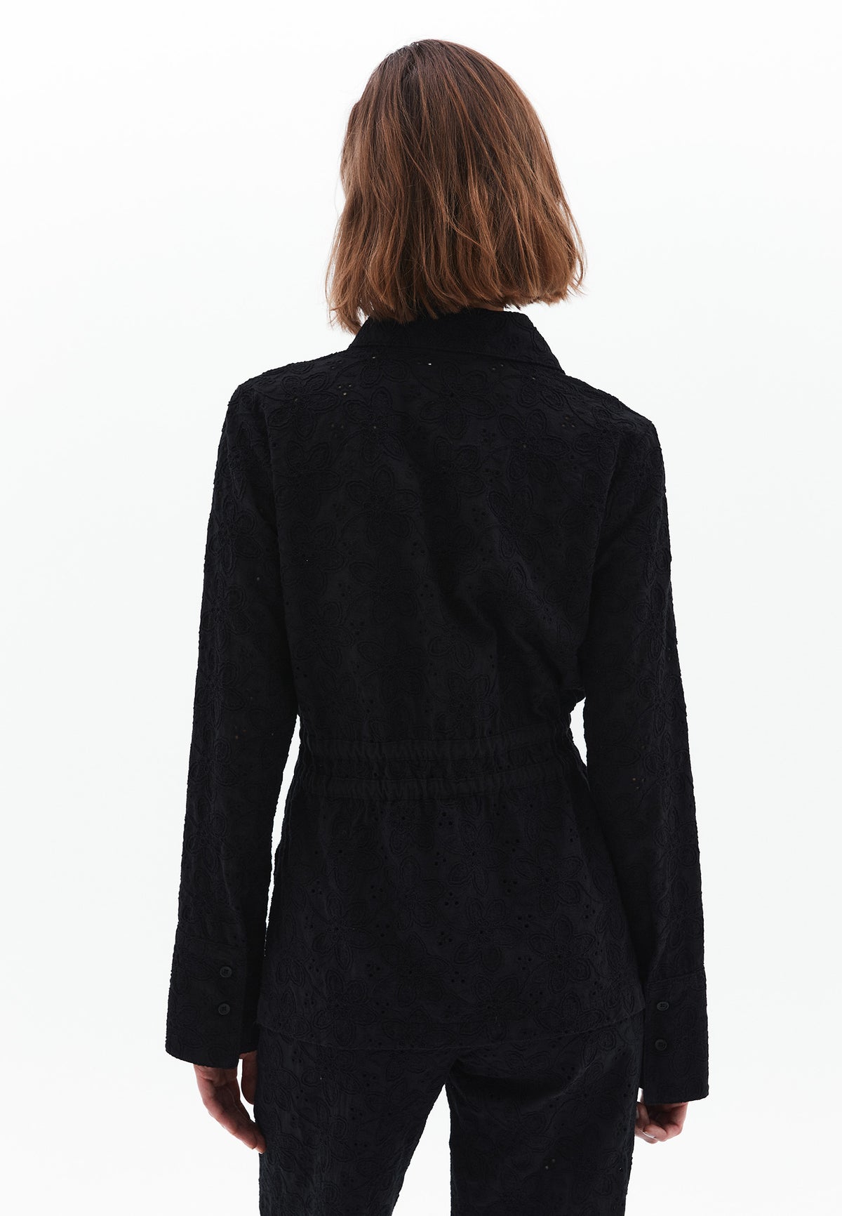 Embroidered And Shirred Long Sleeve Shirt - BLACK
