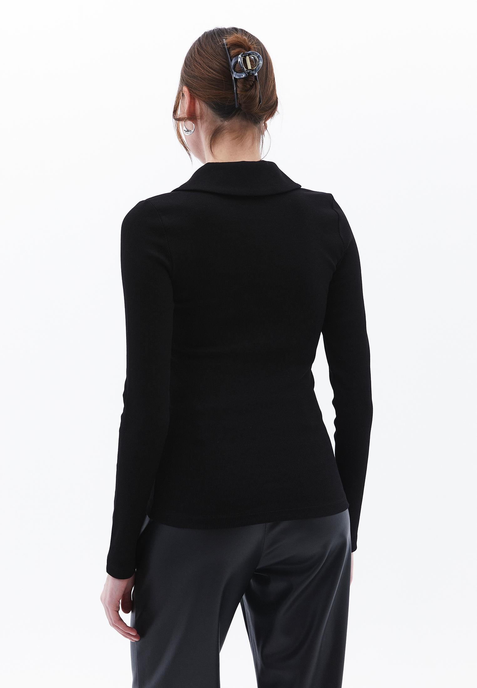 Polo Collar Long Sleeve T-Shirt With Zipper Detail - BLACK