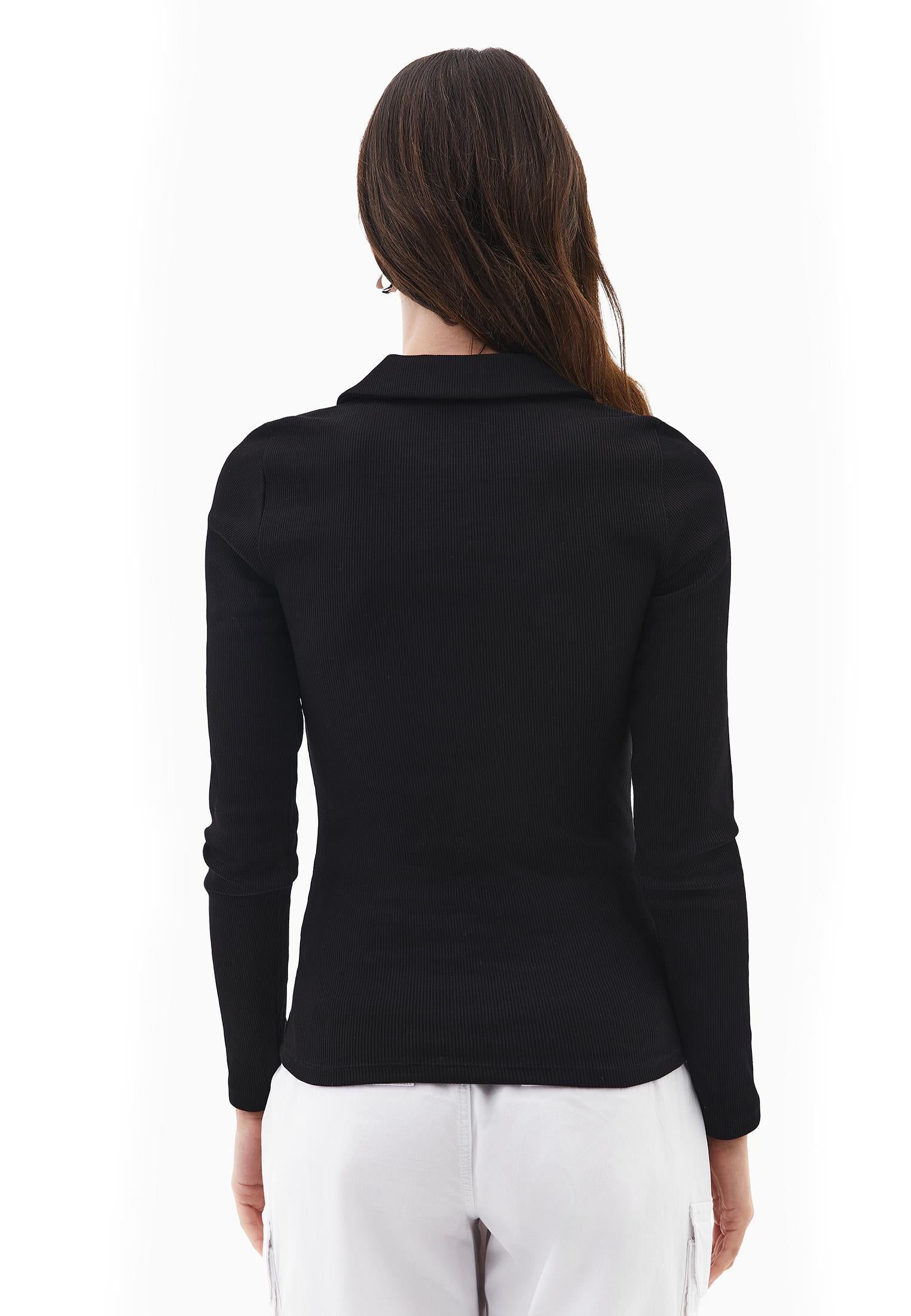 Polo Collar Long Sleeve Bodycon T-Shirt - BLACK