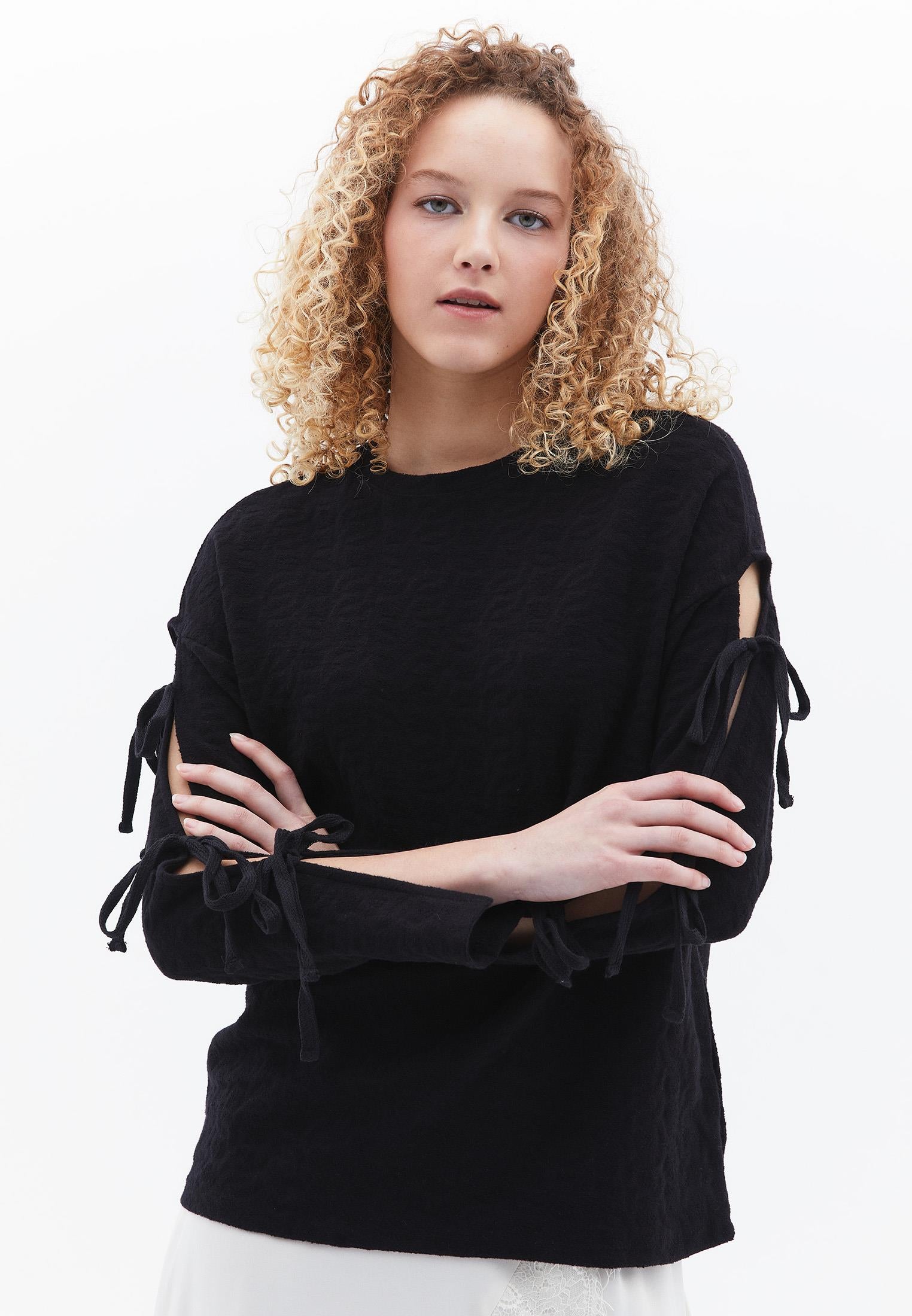 Crew Neck Long Sleeve Detailed Sweatshirt - BLACK