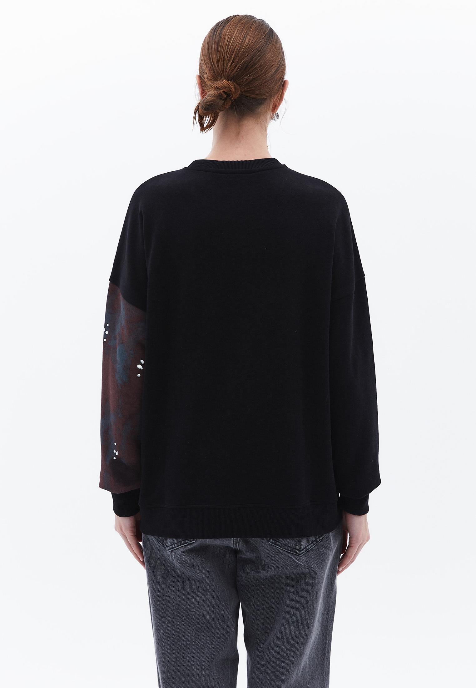Beaded Printed Oversize Sweatshirt - BLACK