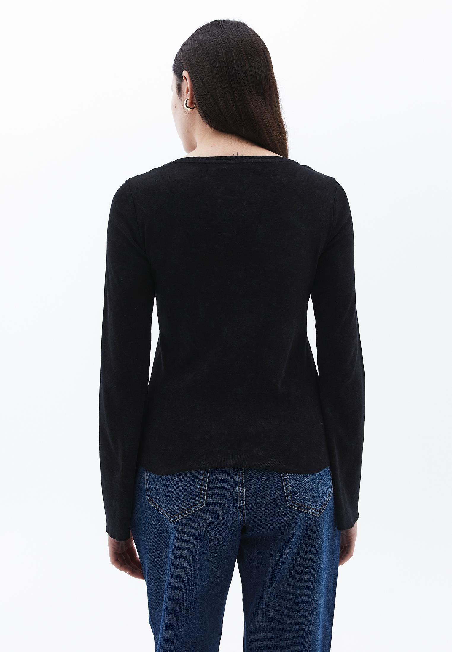 Boat Neck Long Sleeve Flared Sleeve T-Shirt - BLACK