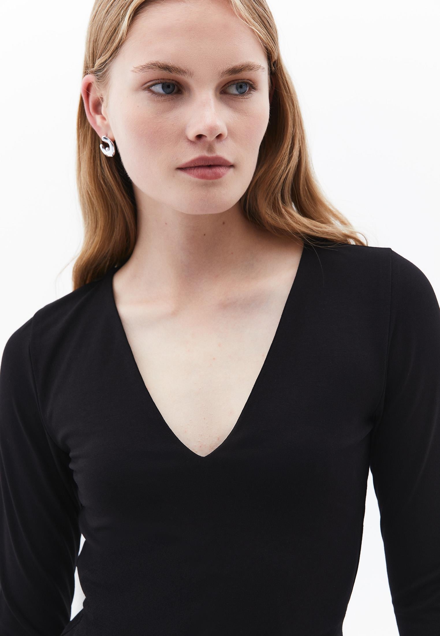 V Neck Long Sleeve T-Shirt - BLACK