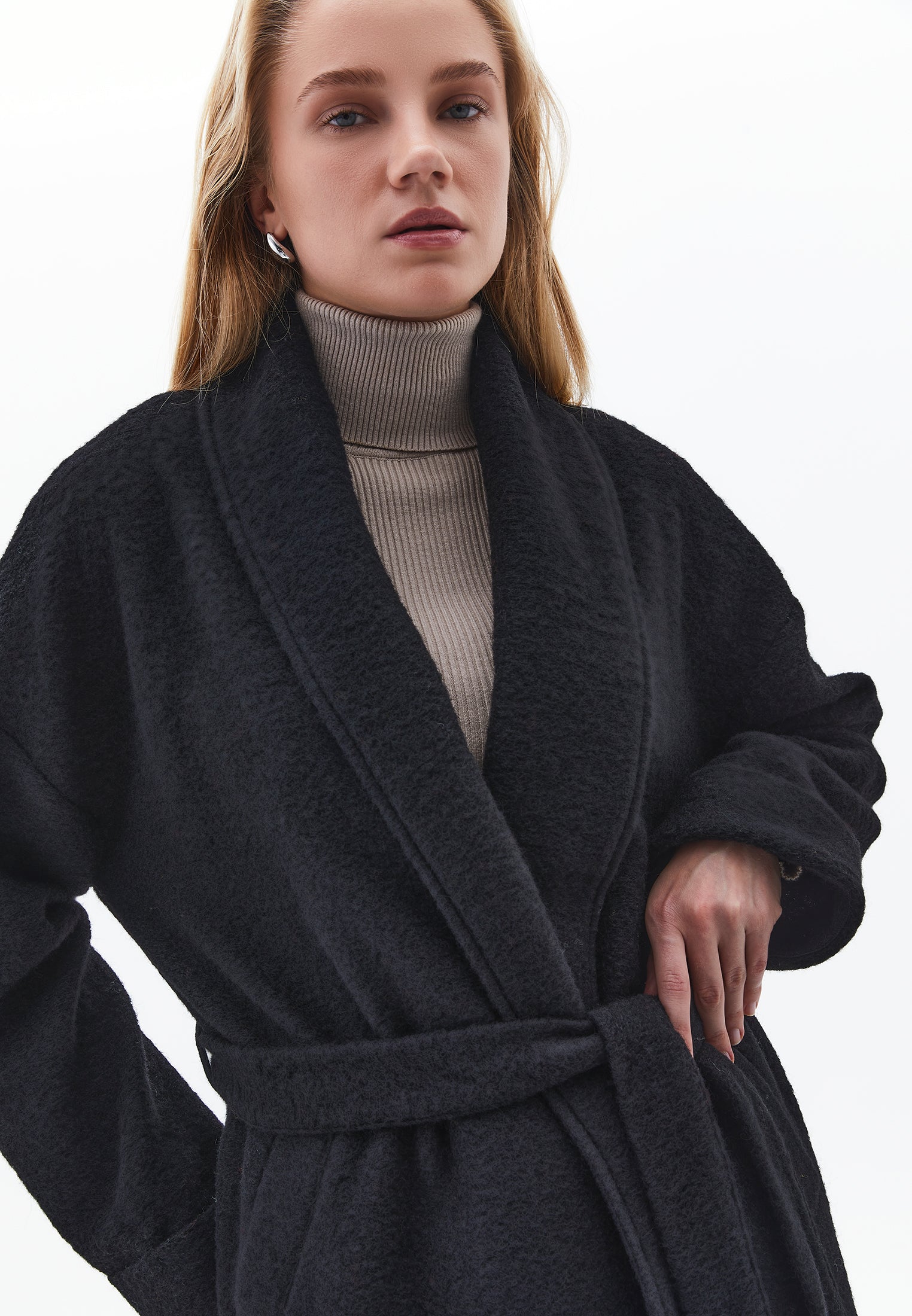 Long Coat With Shawl Collar And Belt Detail - BLACK