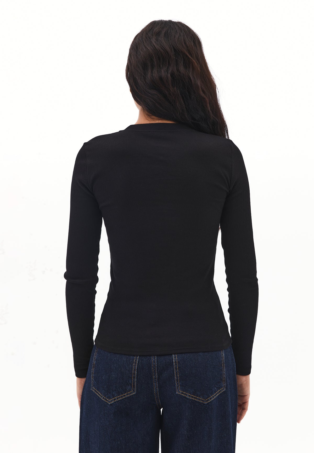 Long Sleeve Crew Neck Bodycon T-Shirt - BLACK