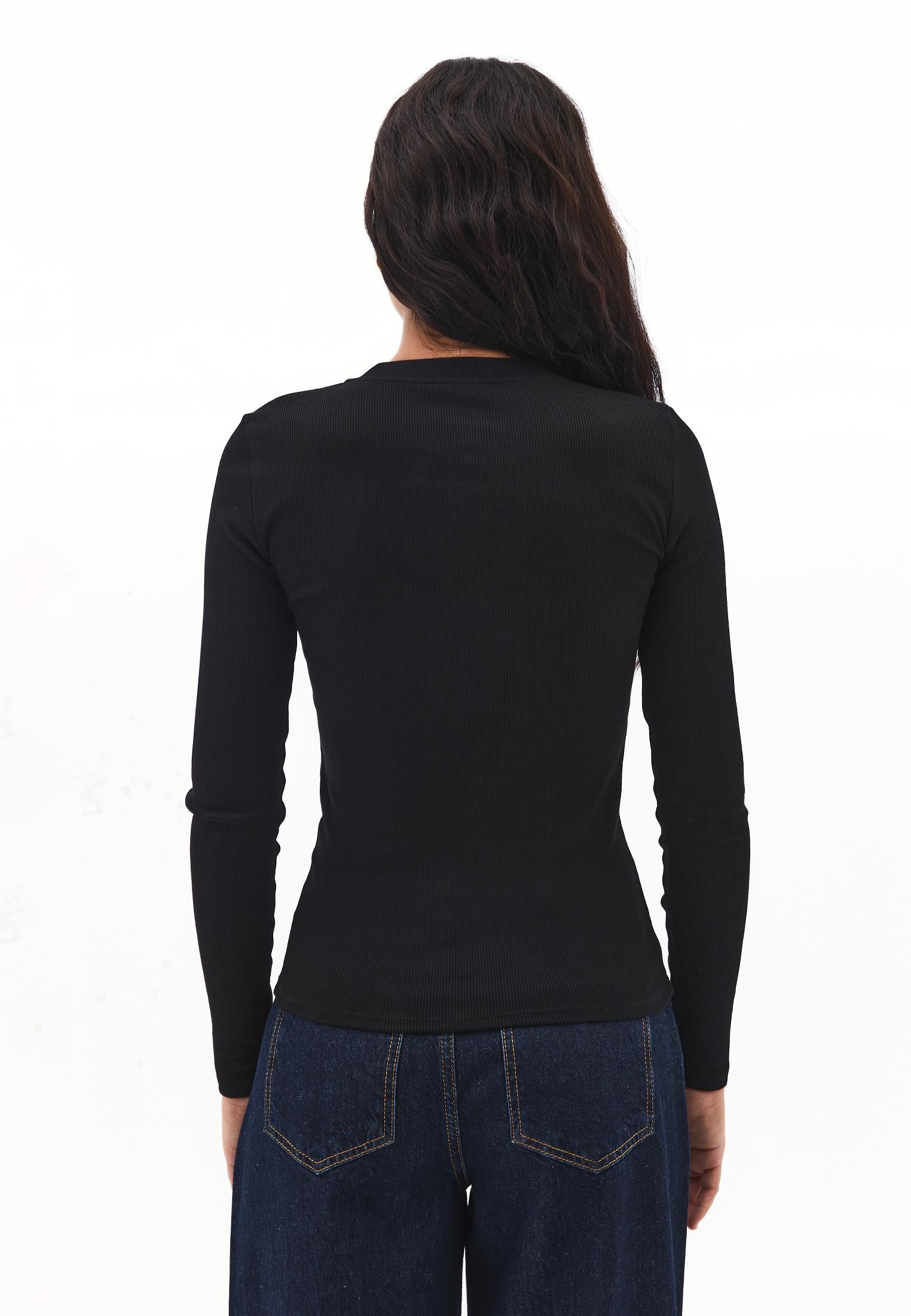 Long Sleeve Crew Neck Bodycon T-Shirt - BLACK