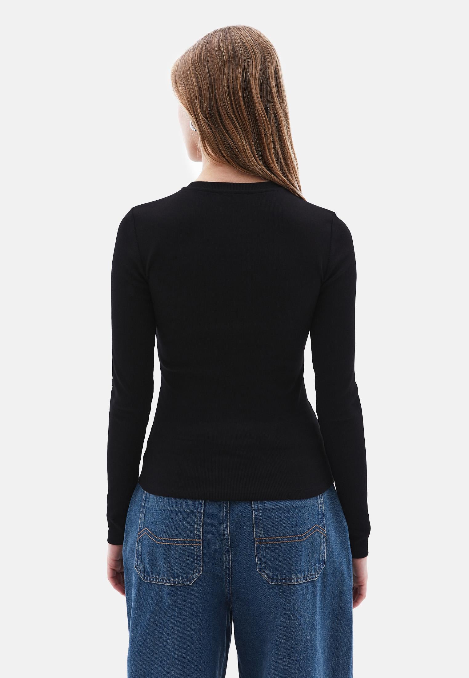 Ribbed Fabric Long Sleeve T-Shirt Crew Neck - BLACK