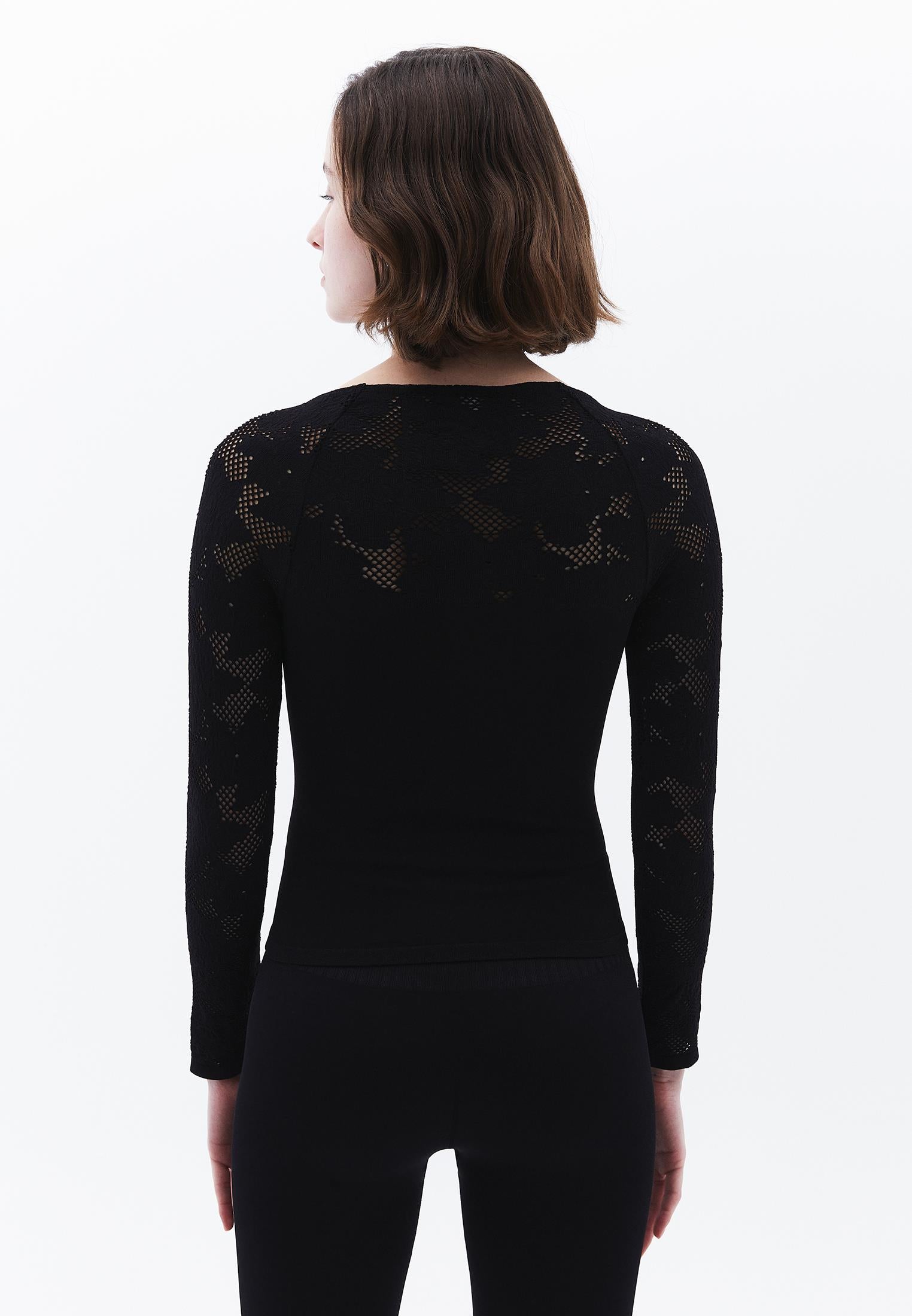 Jacquard Boat Neck Bodycon T-Shirt Long Sleeve - BLACK