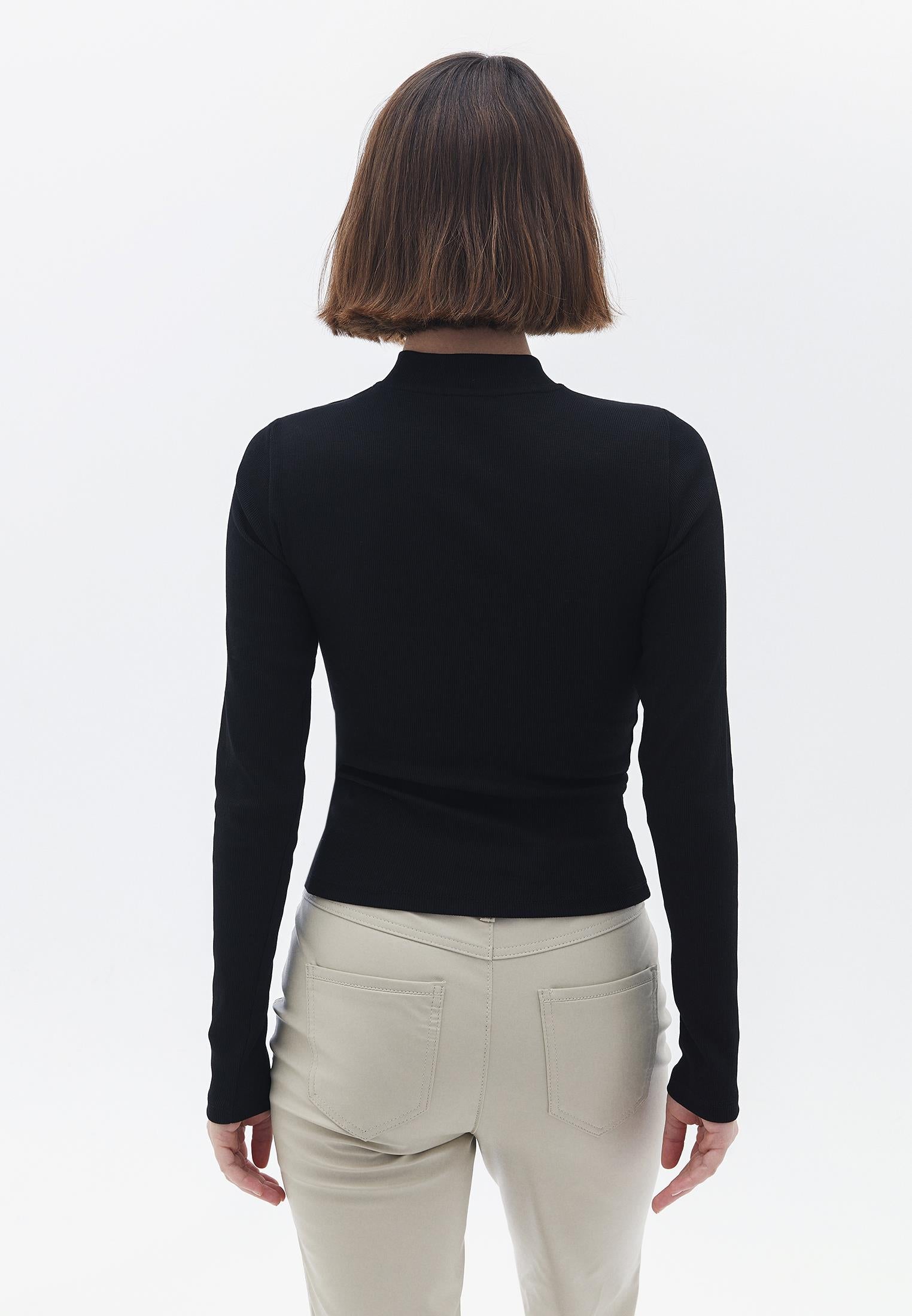 High Neck Long Sleeve Bodycon T-Shirt - BLACK