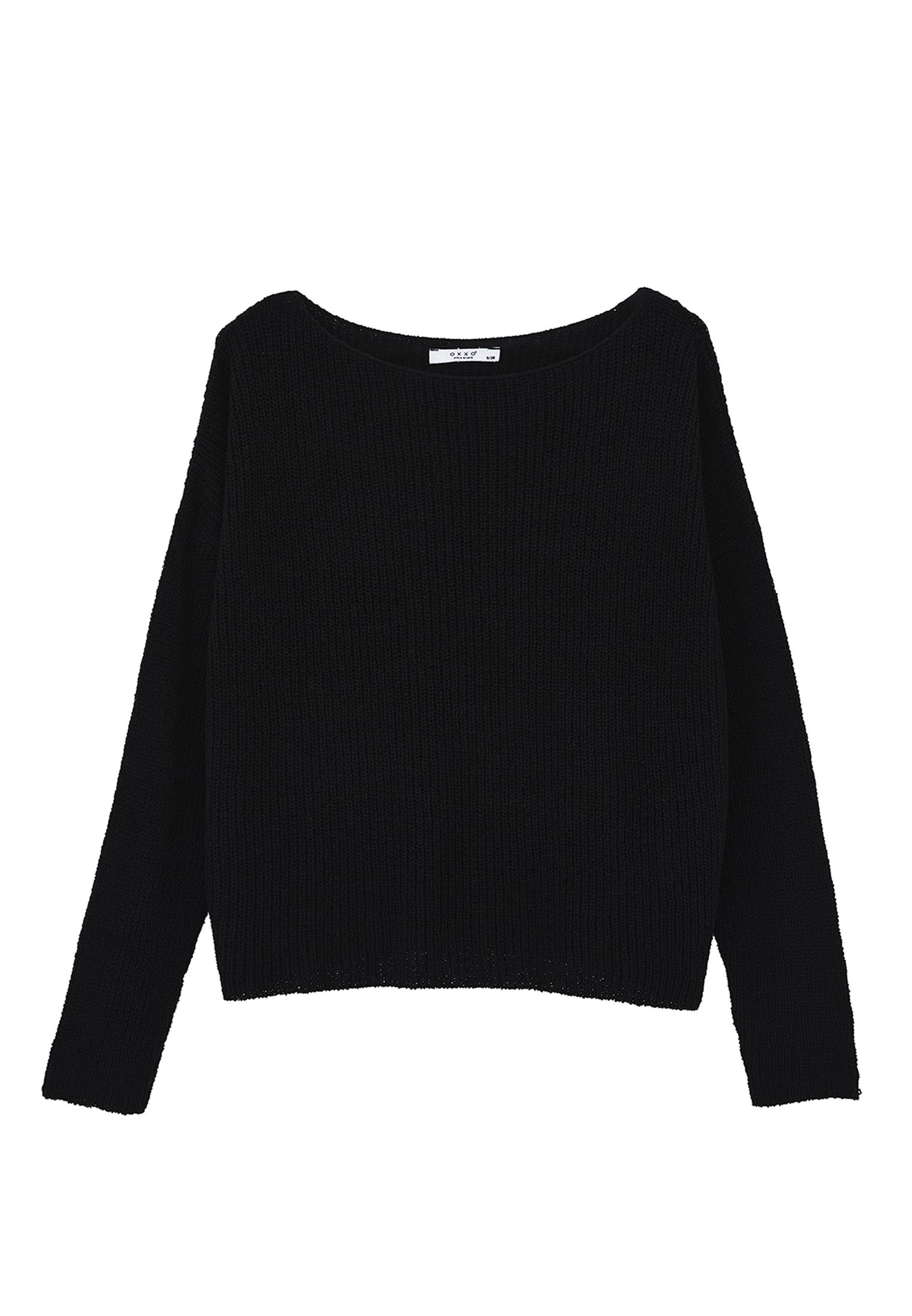 Boat Neck Long Sleeve Sweater - BLACK