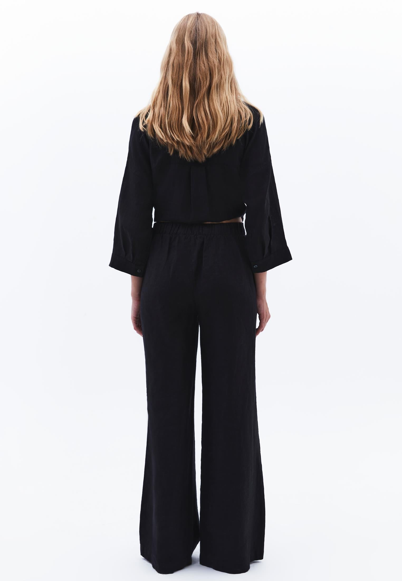 High Waist Belted Linen Wide Leg Pants - BLACK
